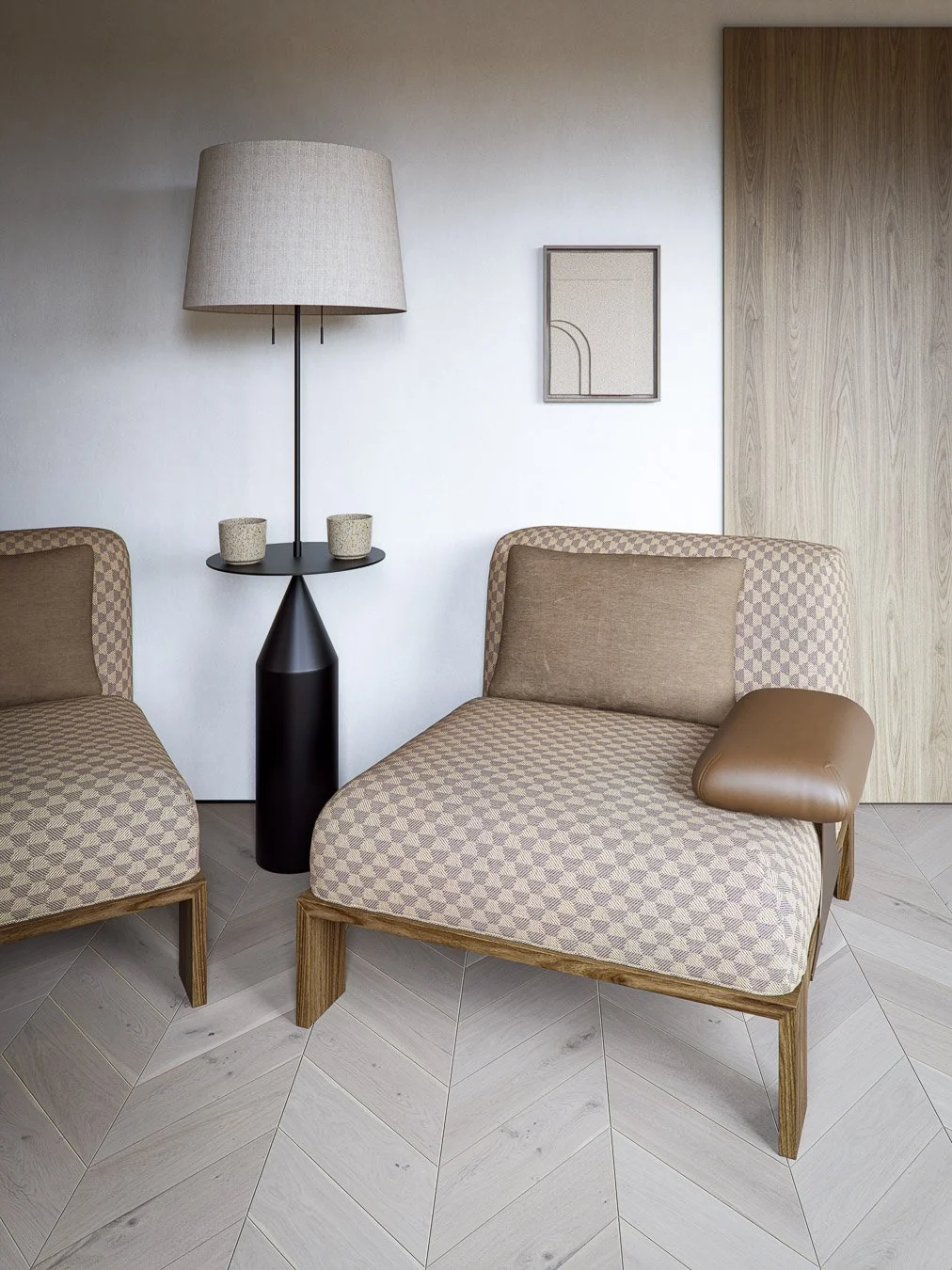 Open-plan kitchen design with relaxed seating area, encompassing two armchairs and central floor lamp with shelving