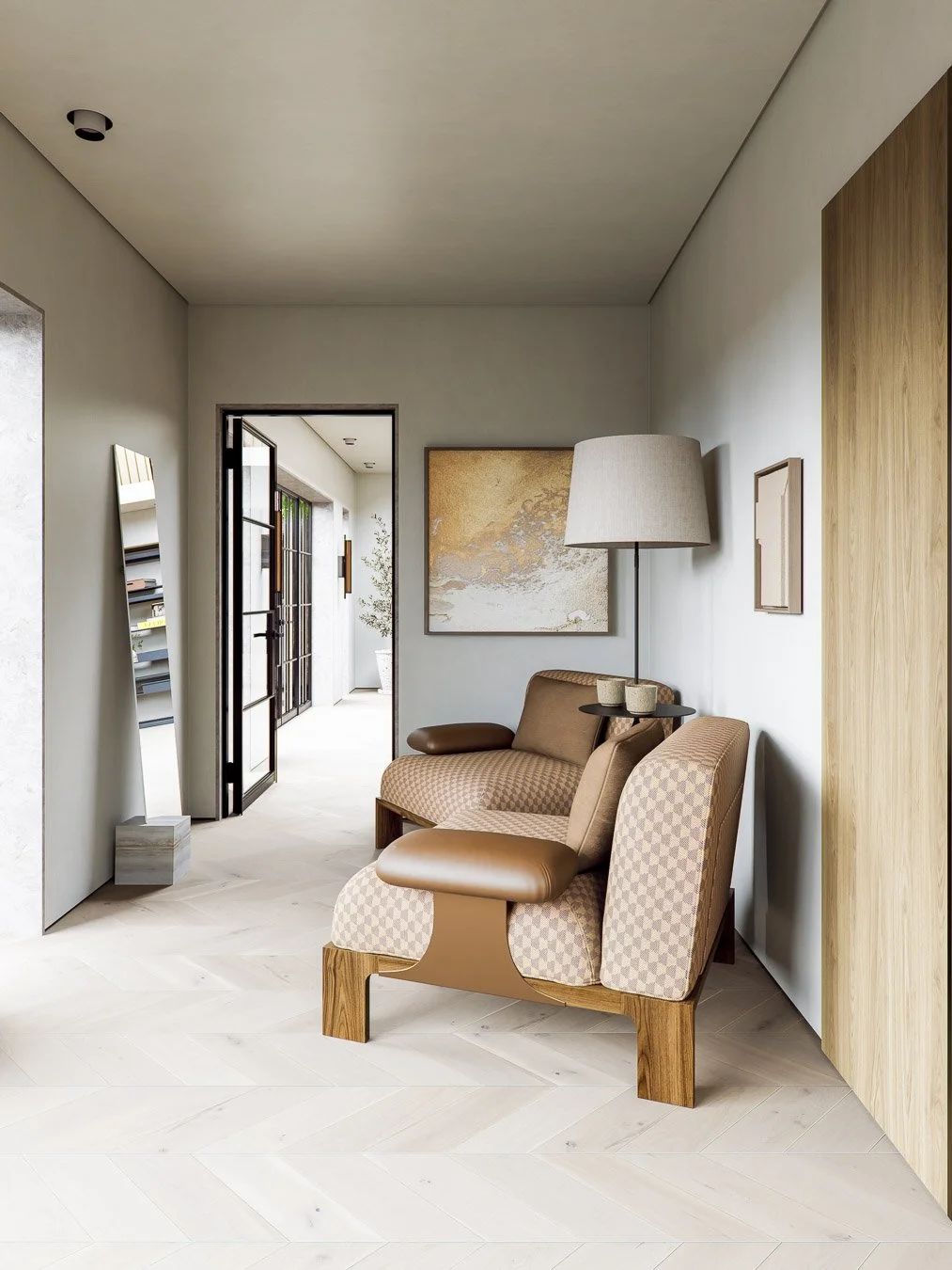 Open-plan kitchen design with relaxed seating area, encompassing two armchairs and central floor lamp with shelving