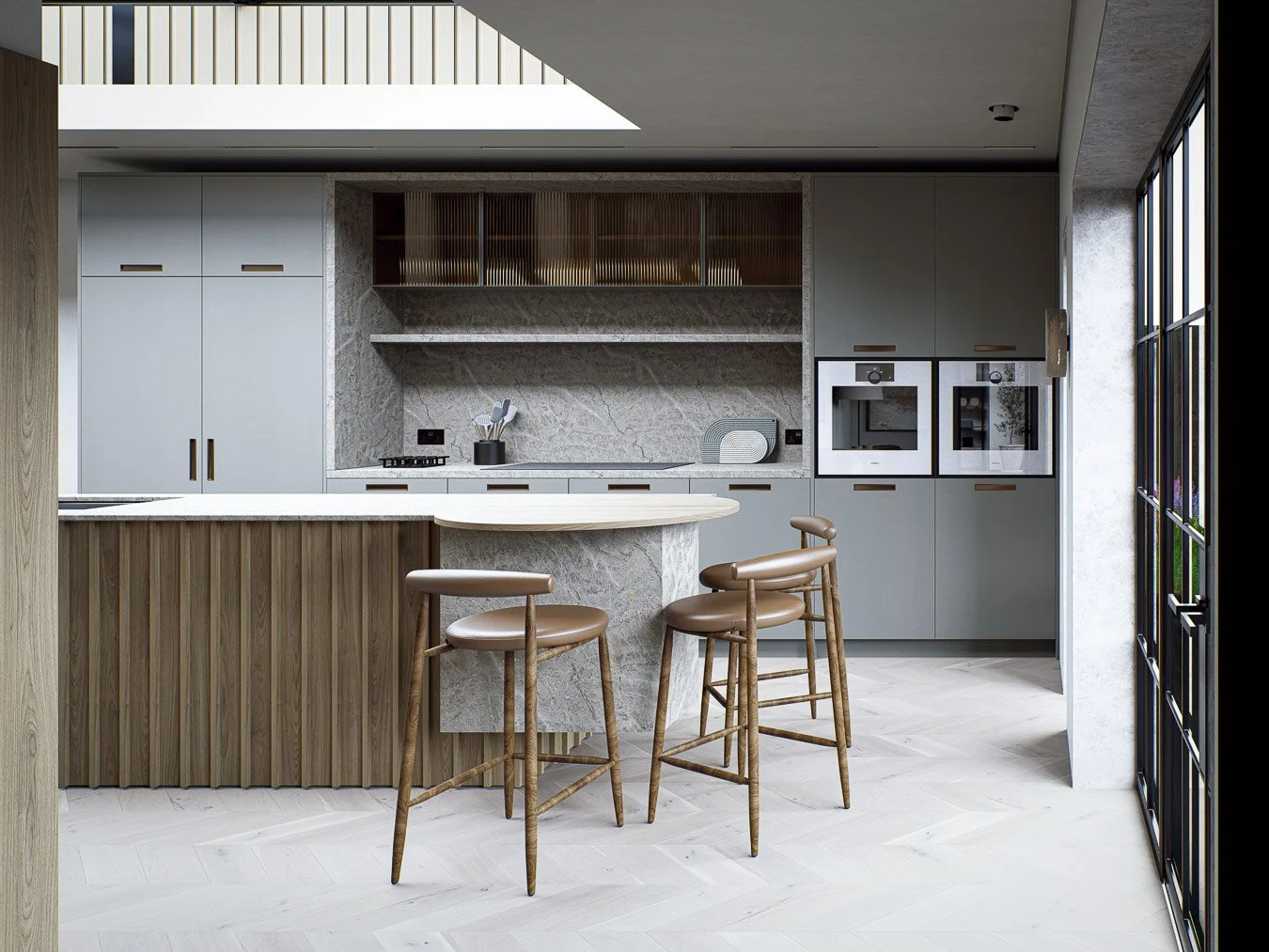 Refined family kitchen with feature island, integrated cabinetry and oak herringbone 
flooring