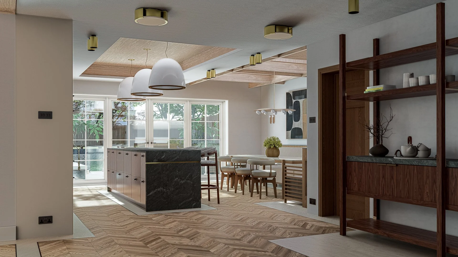 Hazelslade circulation space with custom timber shelving, oak herringbone flooring, and layered lighting. Luxury interior design by Chapter Seven Design.