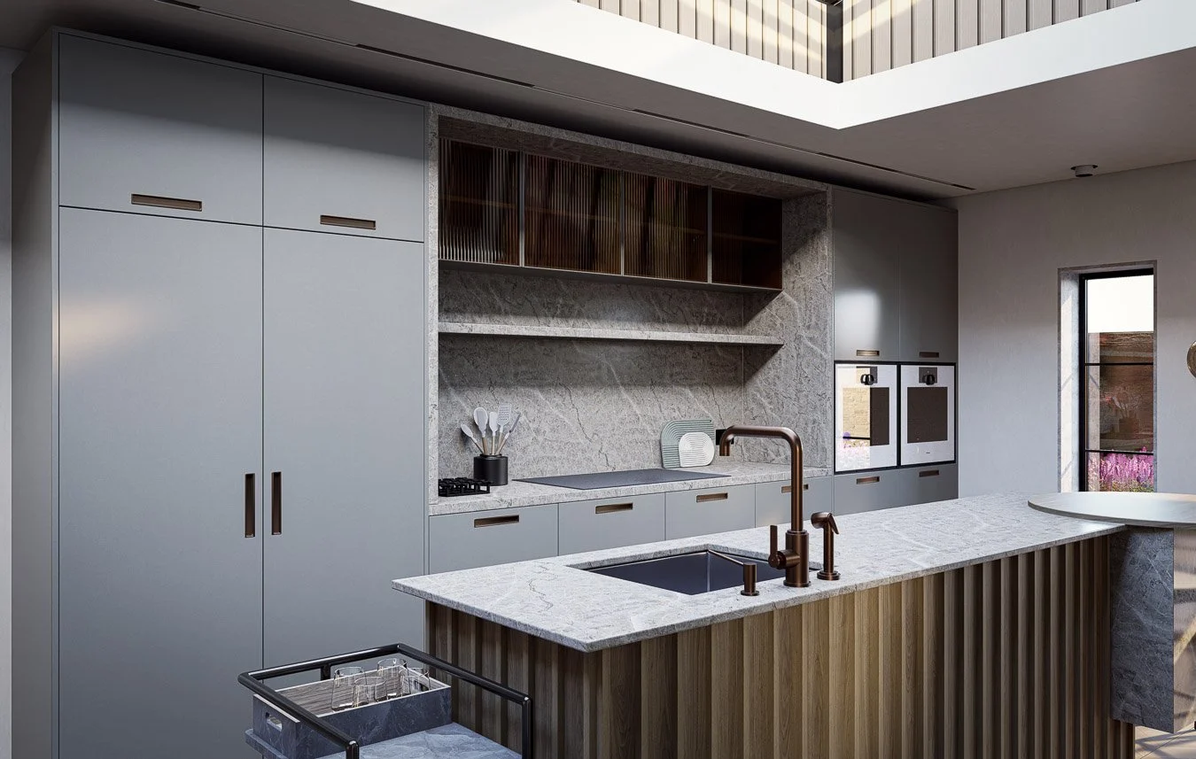 Bespoke kitchen interior with slatted timber island, open-plan layout and warm natural finishes