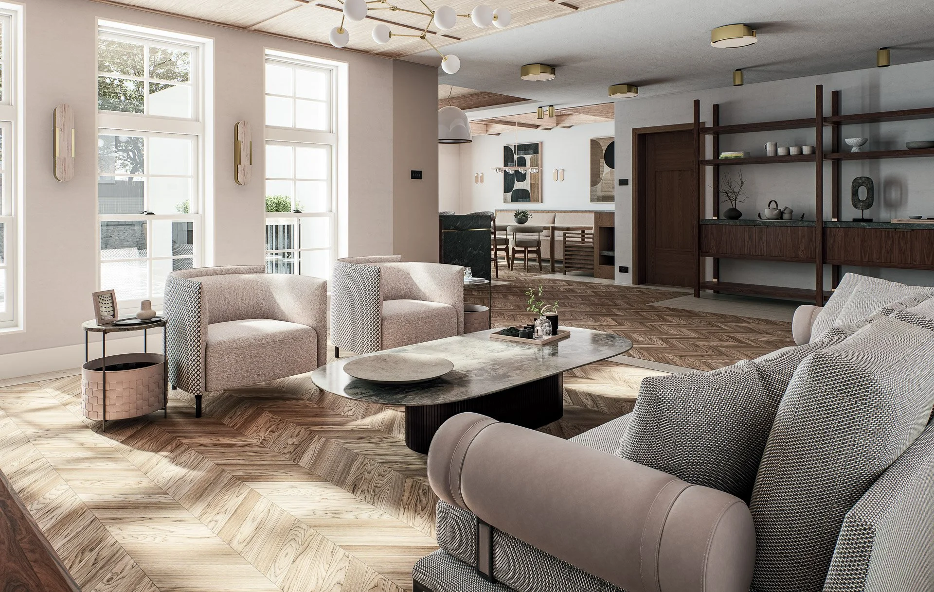 Hazelslade living room with tiled chimney breast, coffered ceiling, and bespoke shelving. Luxury interior design by Chapter Seven Design.