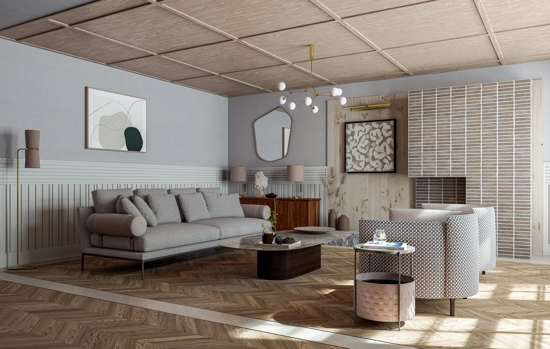 Hazelslade living room with tiled chimney breast, coffered ceiling, and bespoke shelving. Luxury interior design by Chapter Seven Design.