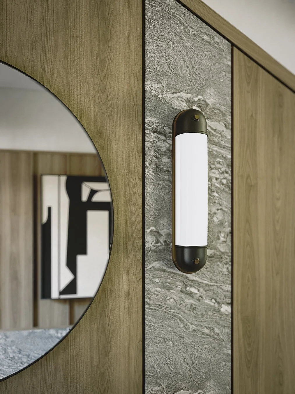 Architectural hallway design with layered materials, sculptural lighting and a refined staircase feature wall