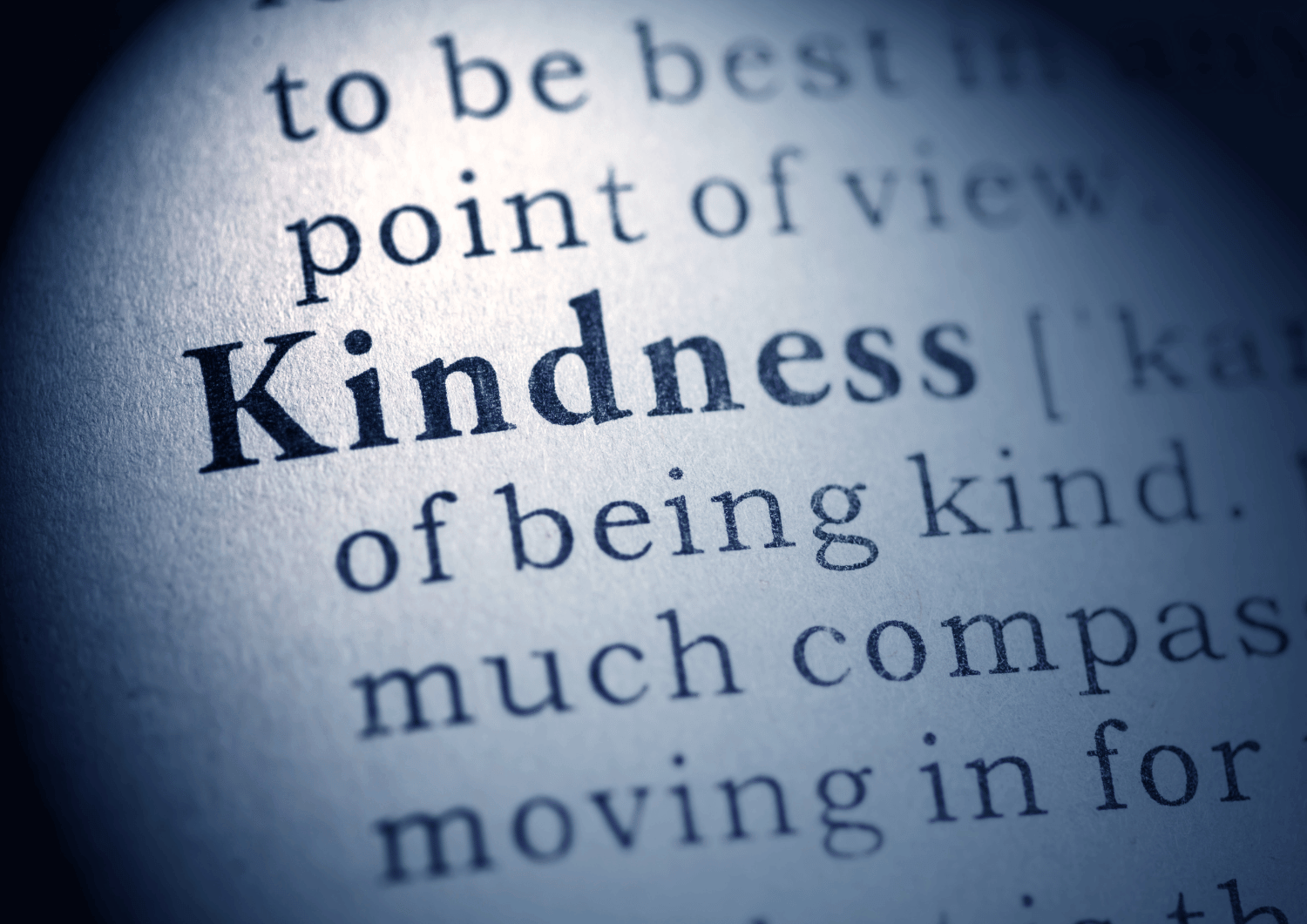 the word 'kindness' in a book with other small words around it