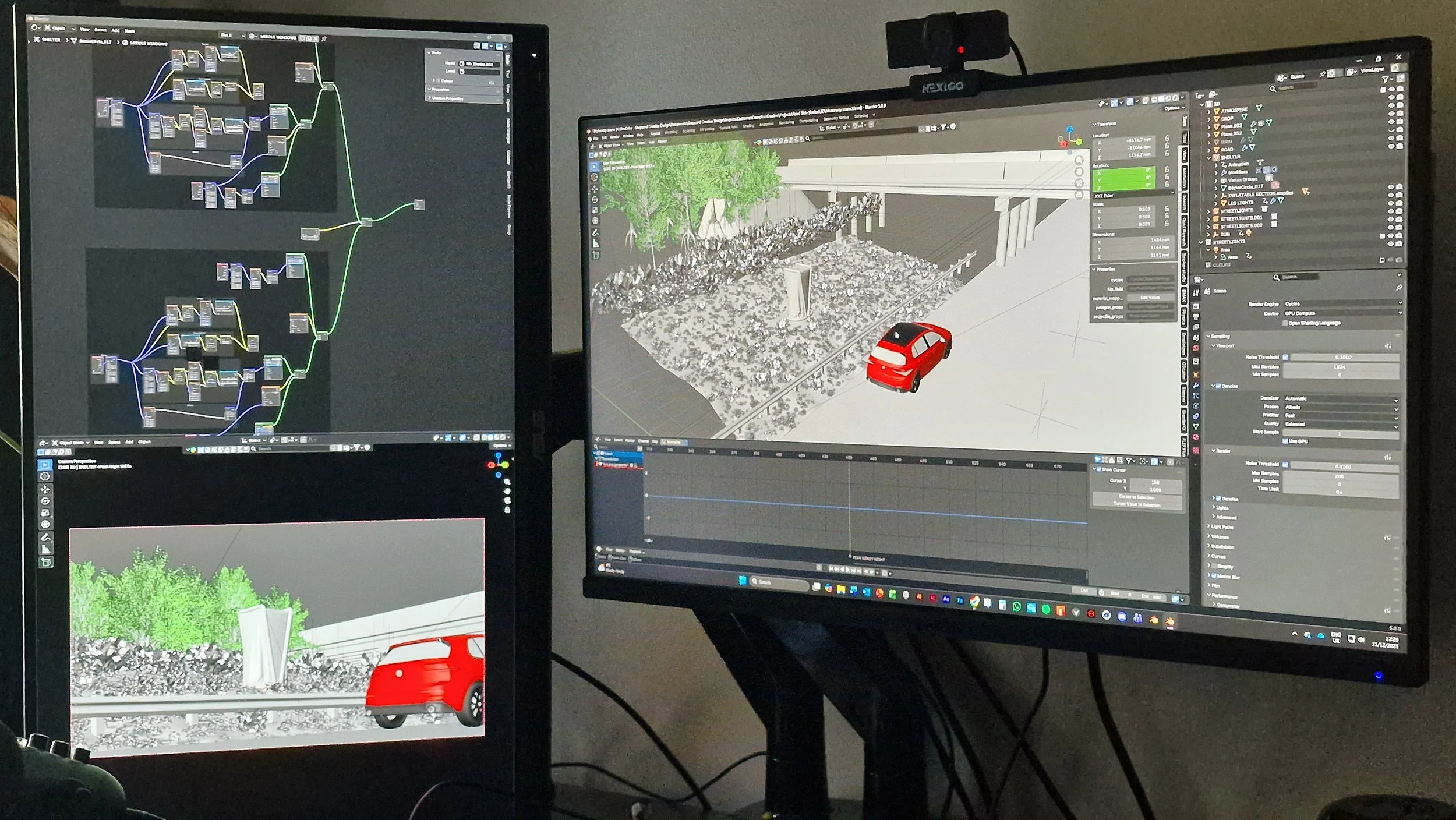Dual computer monitors displaying 3D modeling and animation software, with scenes of a red car, trees, rocks, and a bridge, along with node-based visual scripting diagrams.