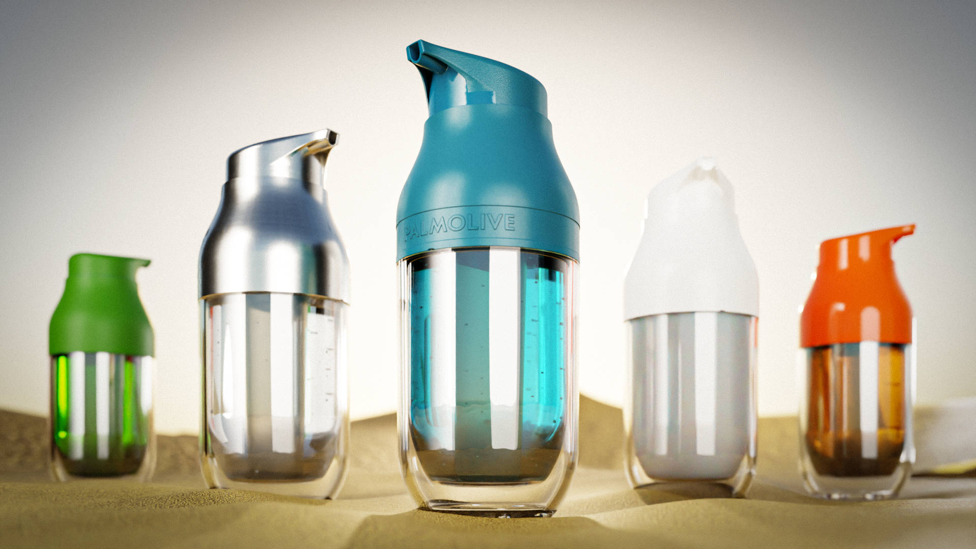 Four clear plastic spray bottles with colored caps on a surface, arranged side by side. The central bottle has a blue cap and a blue liquid inside, the leftmost has a green cap with a small amount of green liquid, the second from the left has a silver cap with no visible liquid, the second from the right has a white cap with no visible liquid, and the rightmost has an orange cap with brownish liquid at the bottom.
