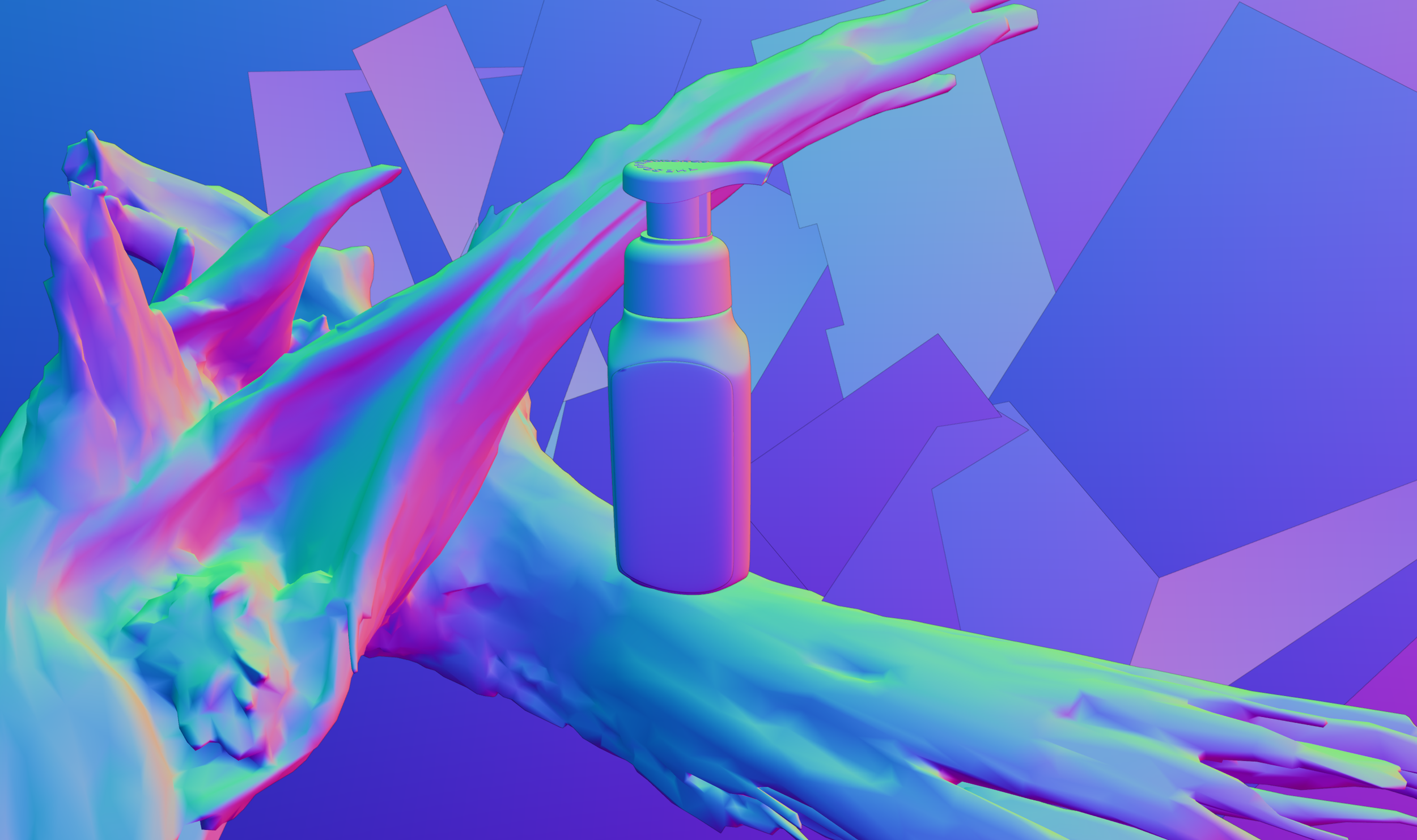 A colorful, computer-generated image of a hand with a raised index finger pointing towards a soap dispenser, set against abstract purple and blue geometric shapes.