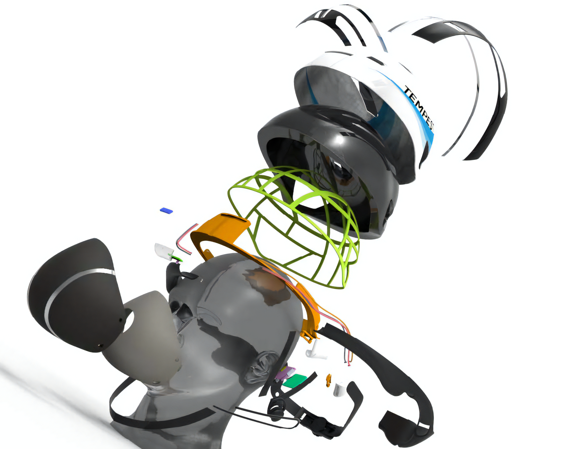 Exploded view of smart bike helmet, which monitors air quality around the user and informs them through an app.