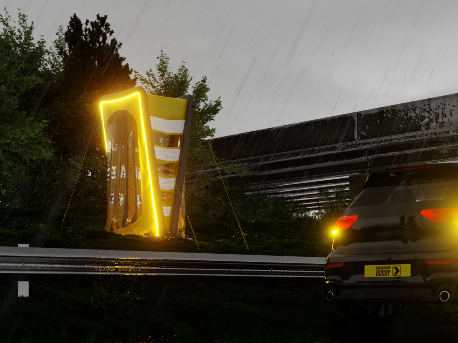 Futuristic black car with yellow LED accents and a yellow license plate reading 'BREAKDOWN BUDDY' parked on a highway at night during rainy weather, with a reflective yellow and black roadside sign illuminated by yellow neon lights and trees in the background.