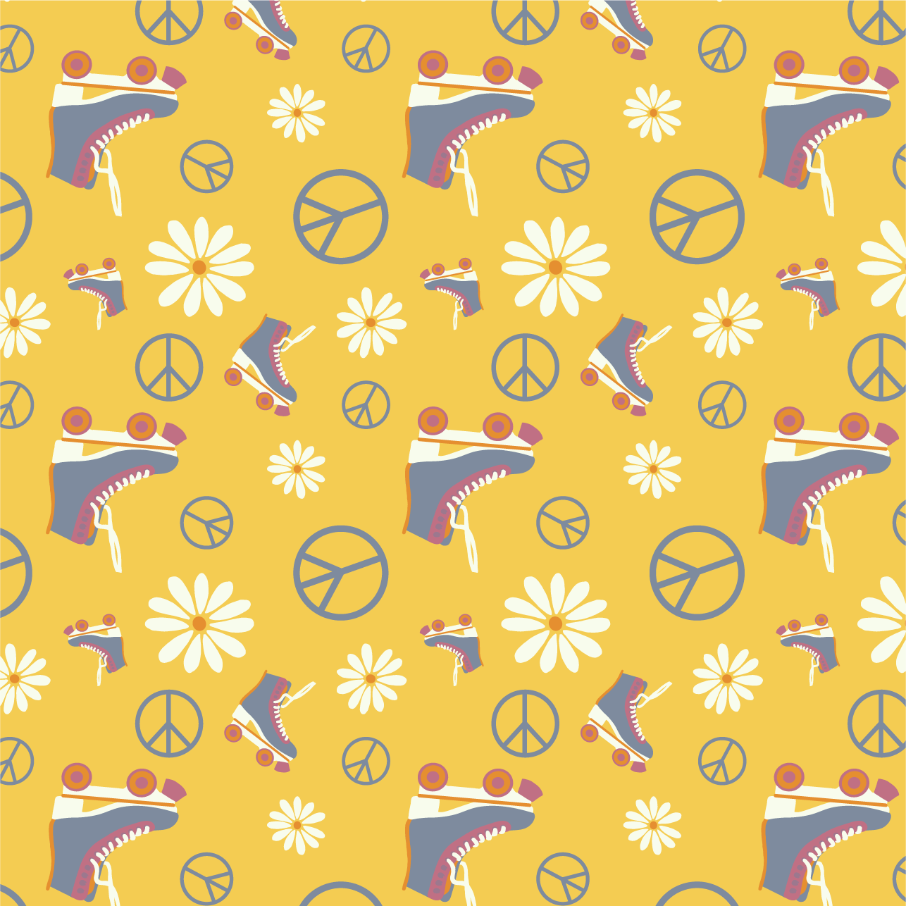 roller skates and peace signs on yellow background