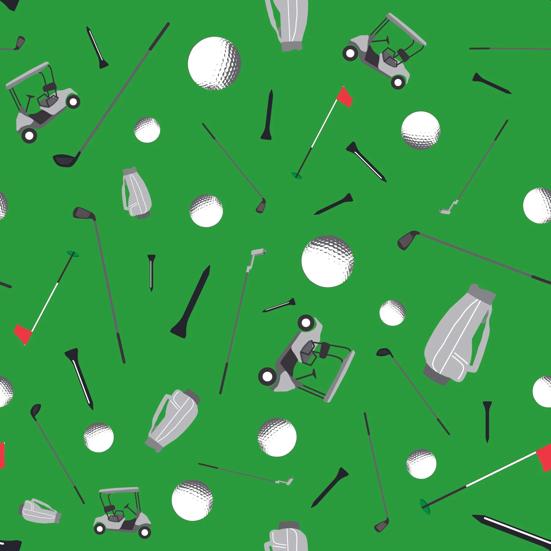Golf pattern with clubs, tees, golf carts and golf bag in random pattern on green background