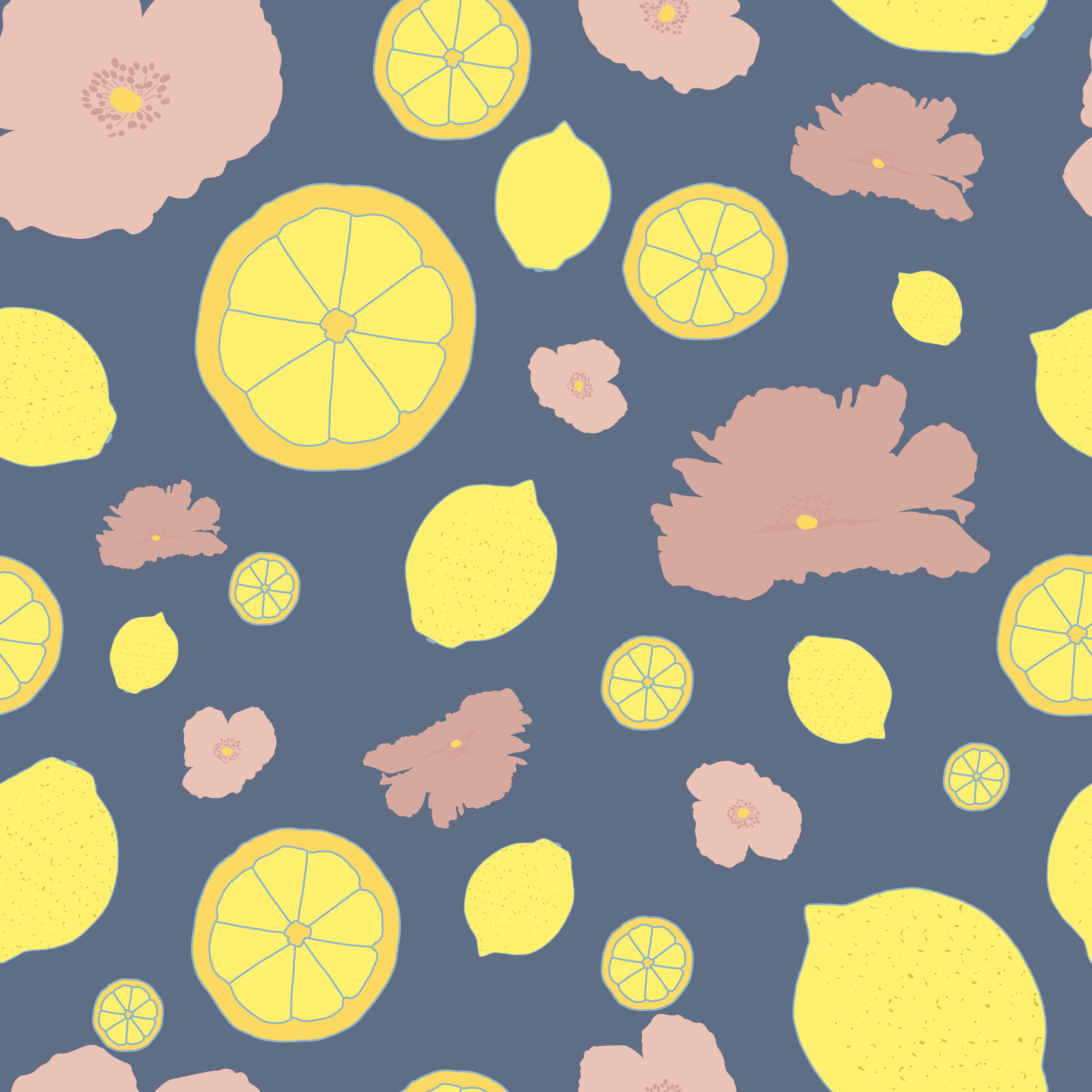 pattern with pink poppies and yellow lemons on blue