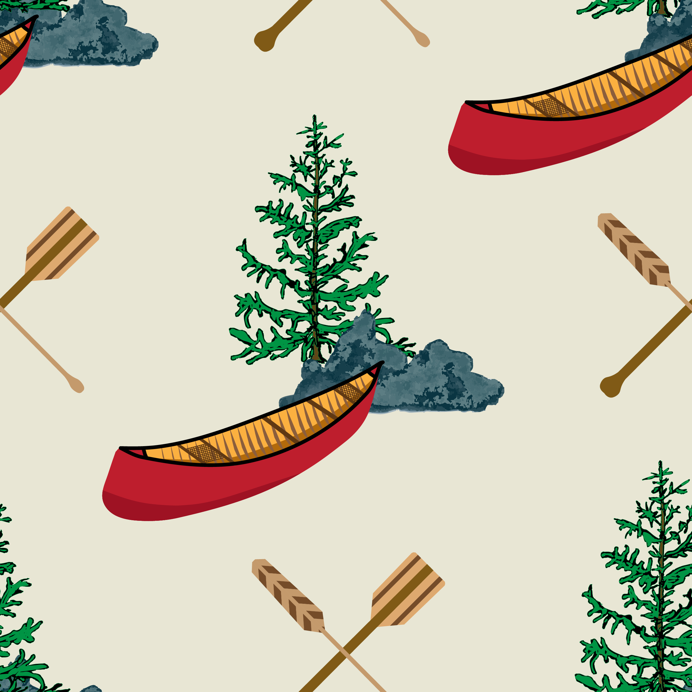 Pattern with canoes, trees on cream background