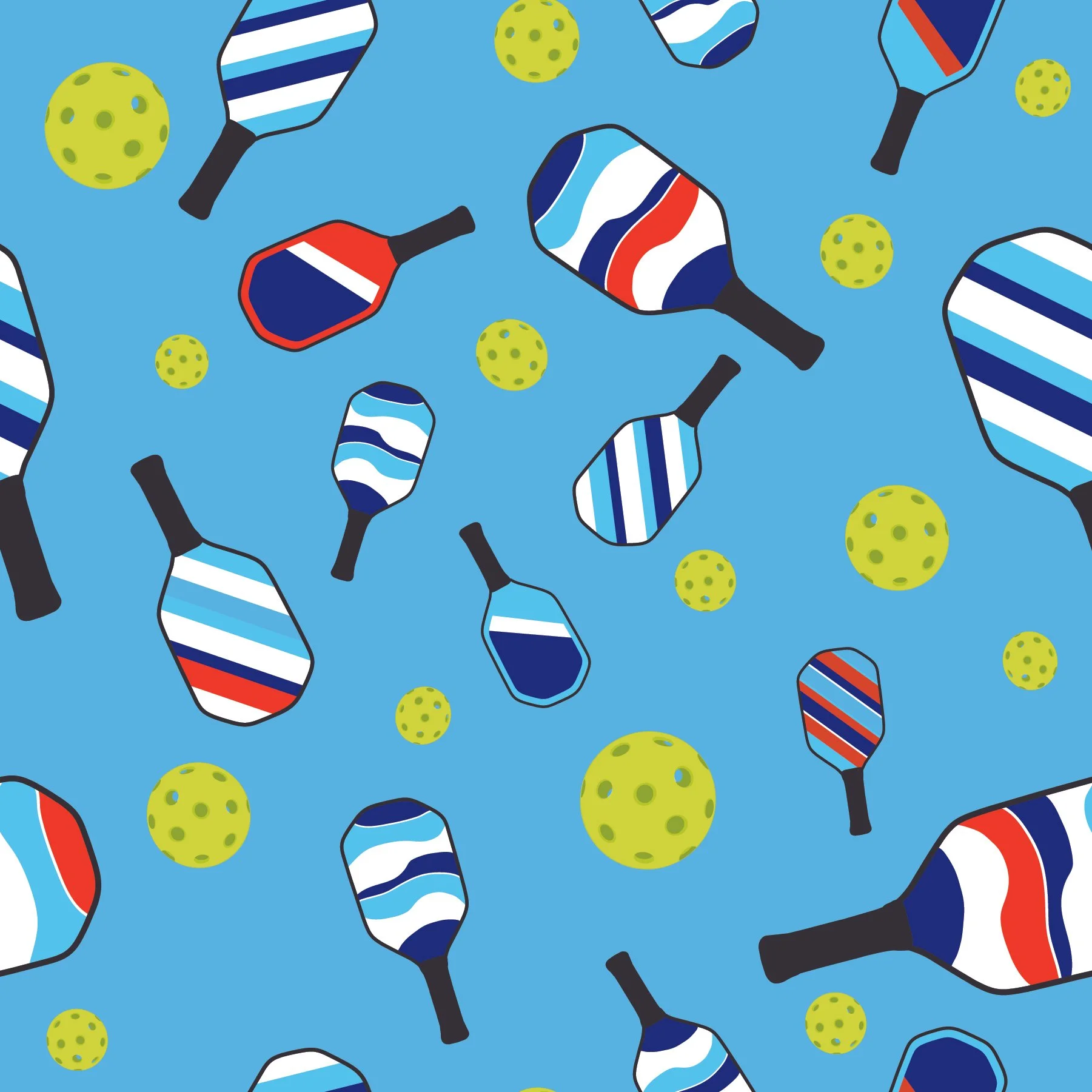 pattern with red, little blue and white pickleball raquets on light blue background