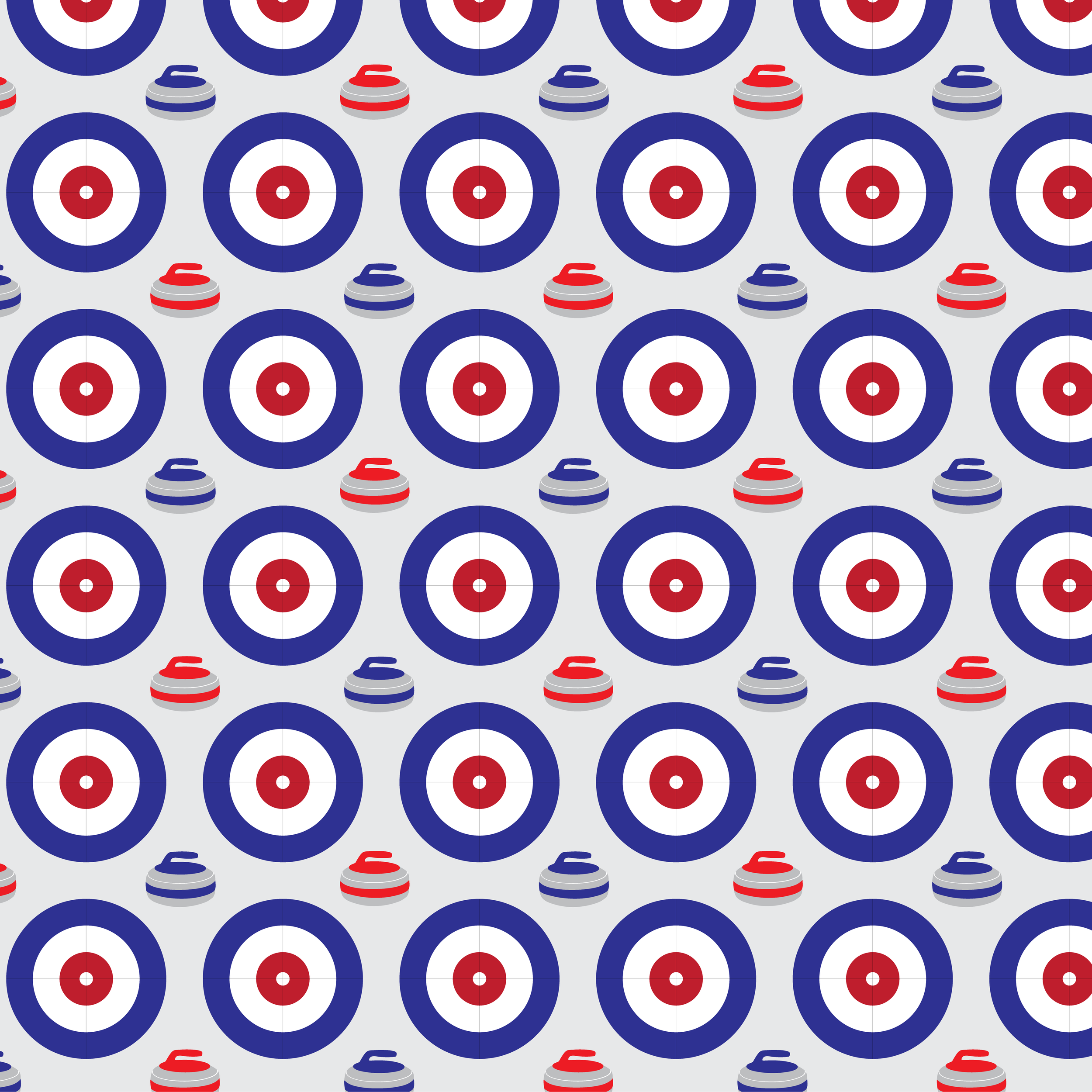 Pattern with blue and red curling stones and rings