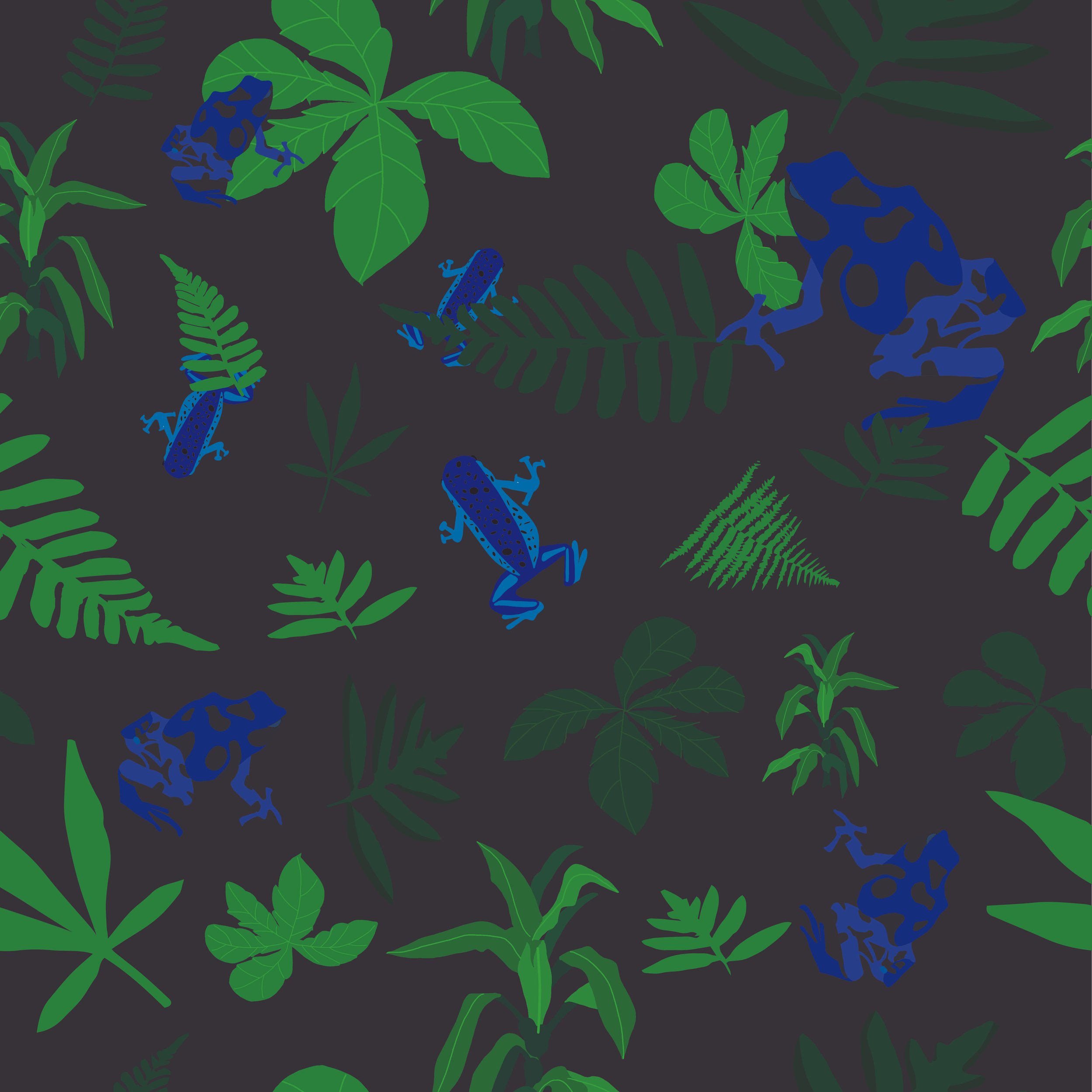 pattern with blue tree frogs, green leaves on black background