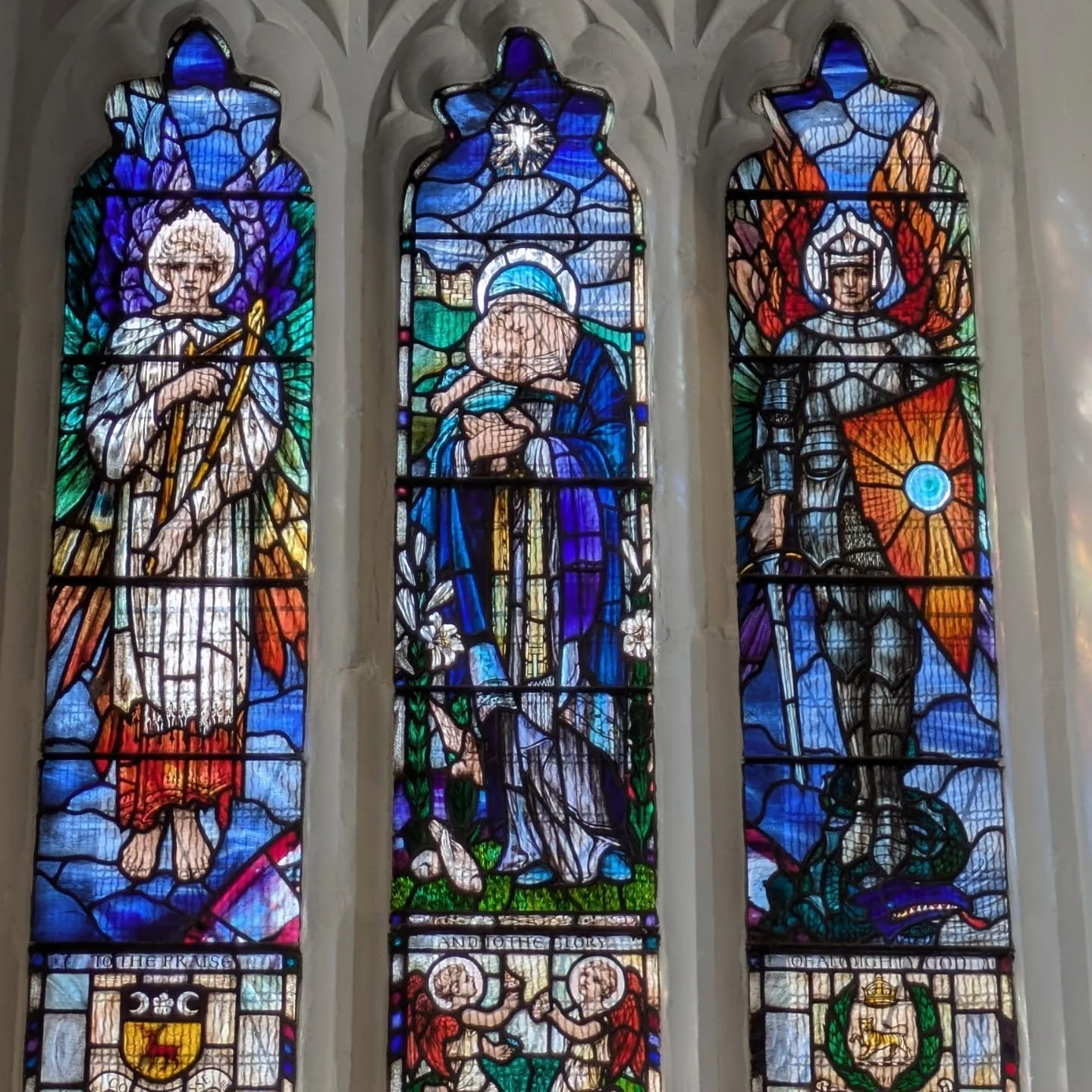 Superb glass on day 3 of @stainedglassmuseum. One of the highlights of this tour has been viewing so much glass by Theodora Salusbury which was exquisite. I found myself in tears over it's beauty. Making that rainbow in the Virgin's gown trim (pic 5)