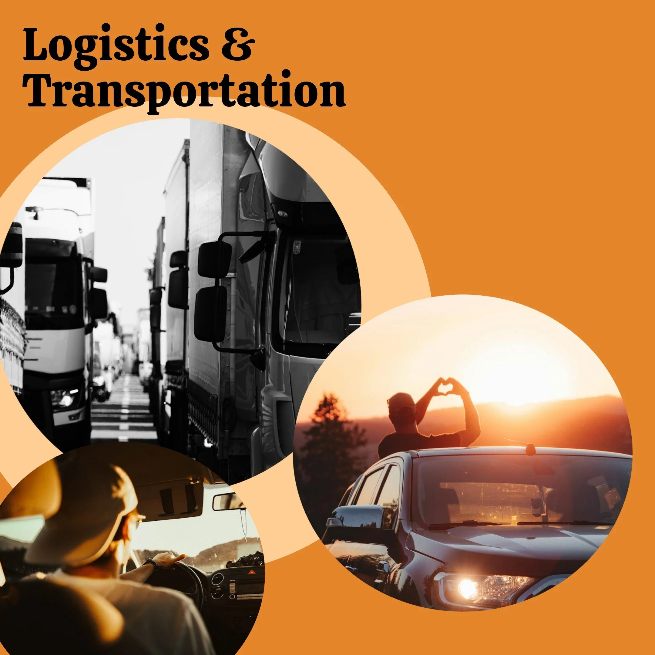Logistics and transportation concept with trucks in traffic, a person driving, and a man making a heart shape with hands over a sunset.