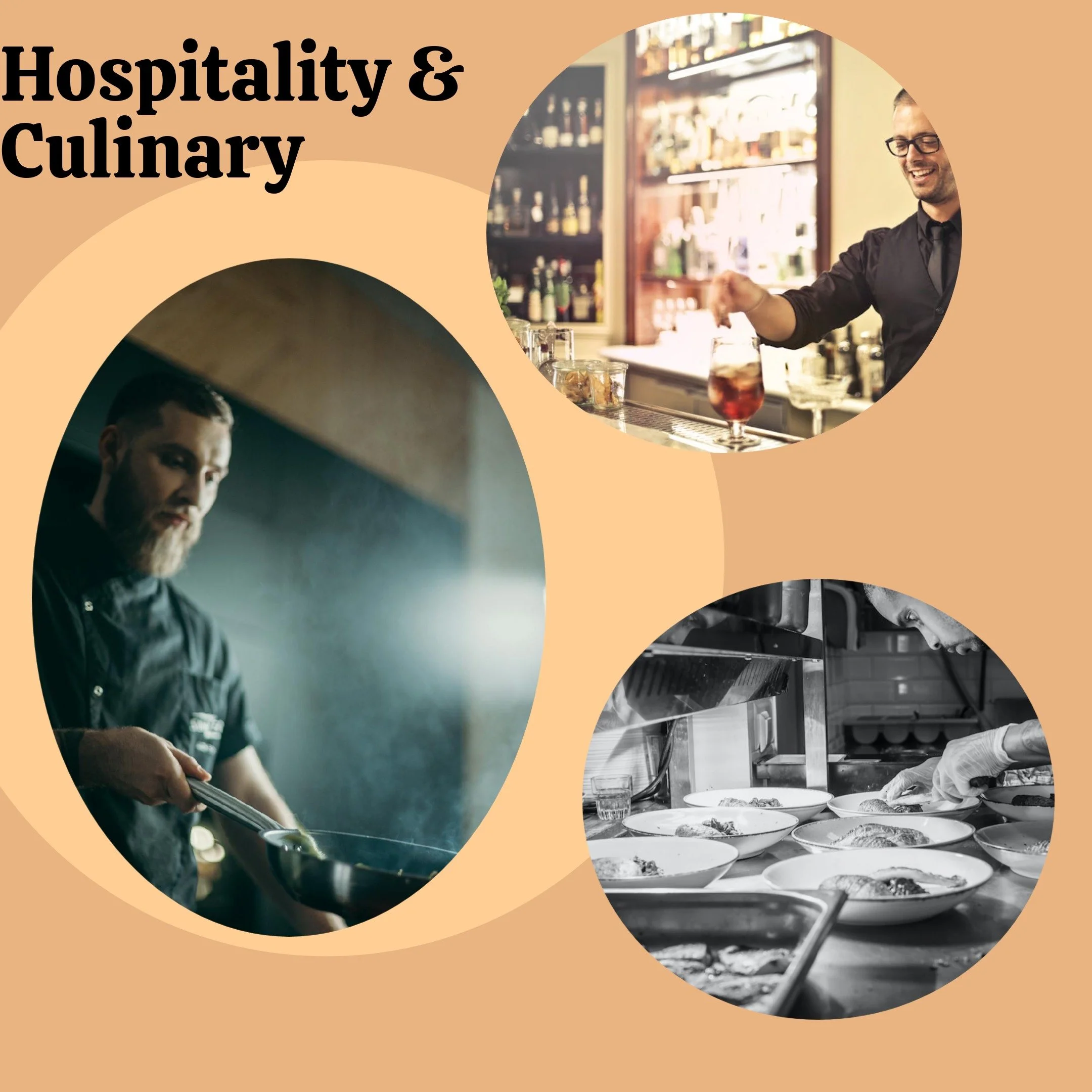 Collage of images related to the hospitality and culinary industries, featuring a chef cooking, a bartender mixing drinks, and a restaurant kitchen plating food.
