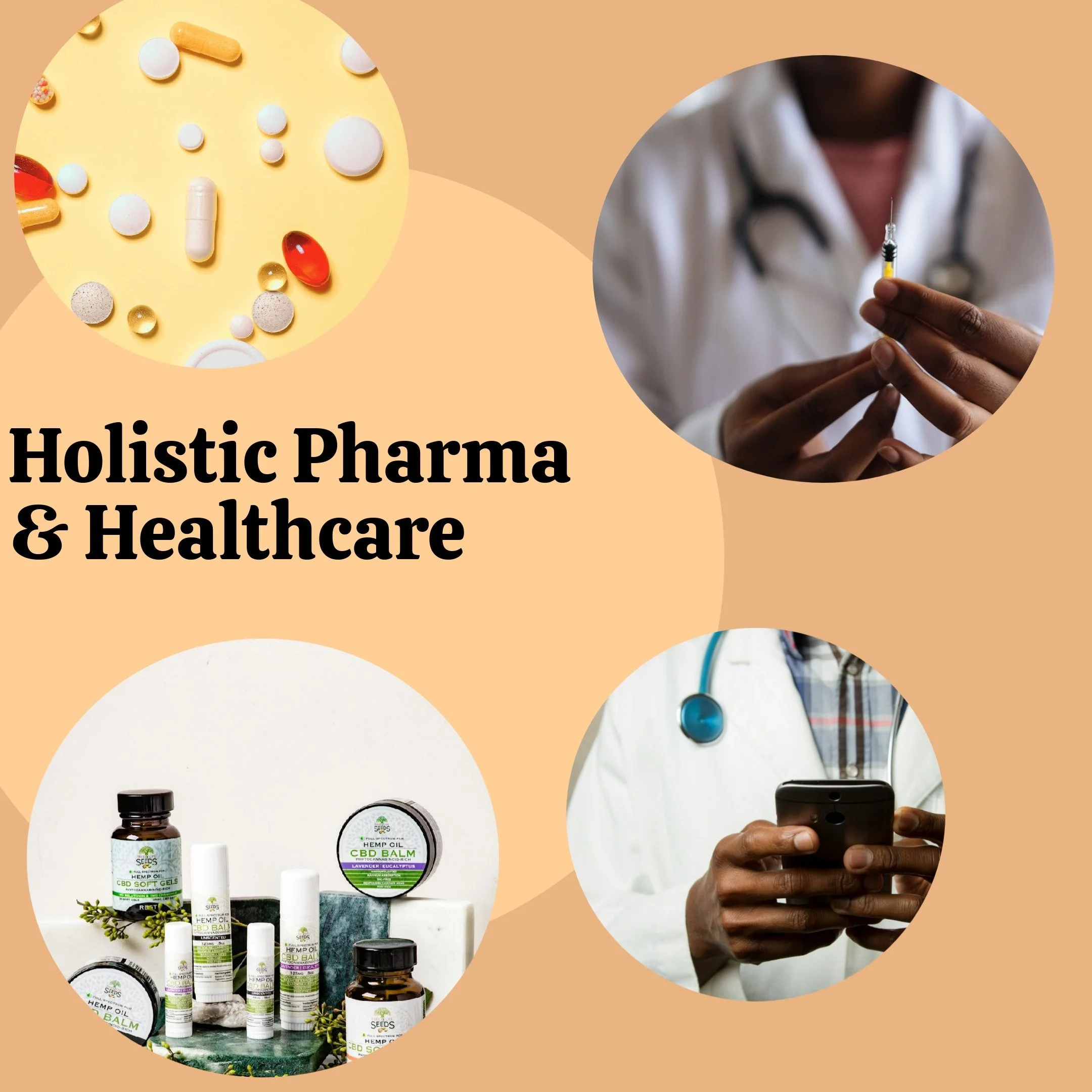 Collage of healthcare elements: top left circle shows various pills on a yellow background, top right depicts a person in a lab coat holding a syringe, bottom left displays holistic medicine products like CBD balm, and bottom right features a person in a lab coat using a smartphone. Text in center reads 'Holistic Pharma & Healthcare.'