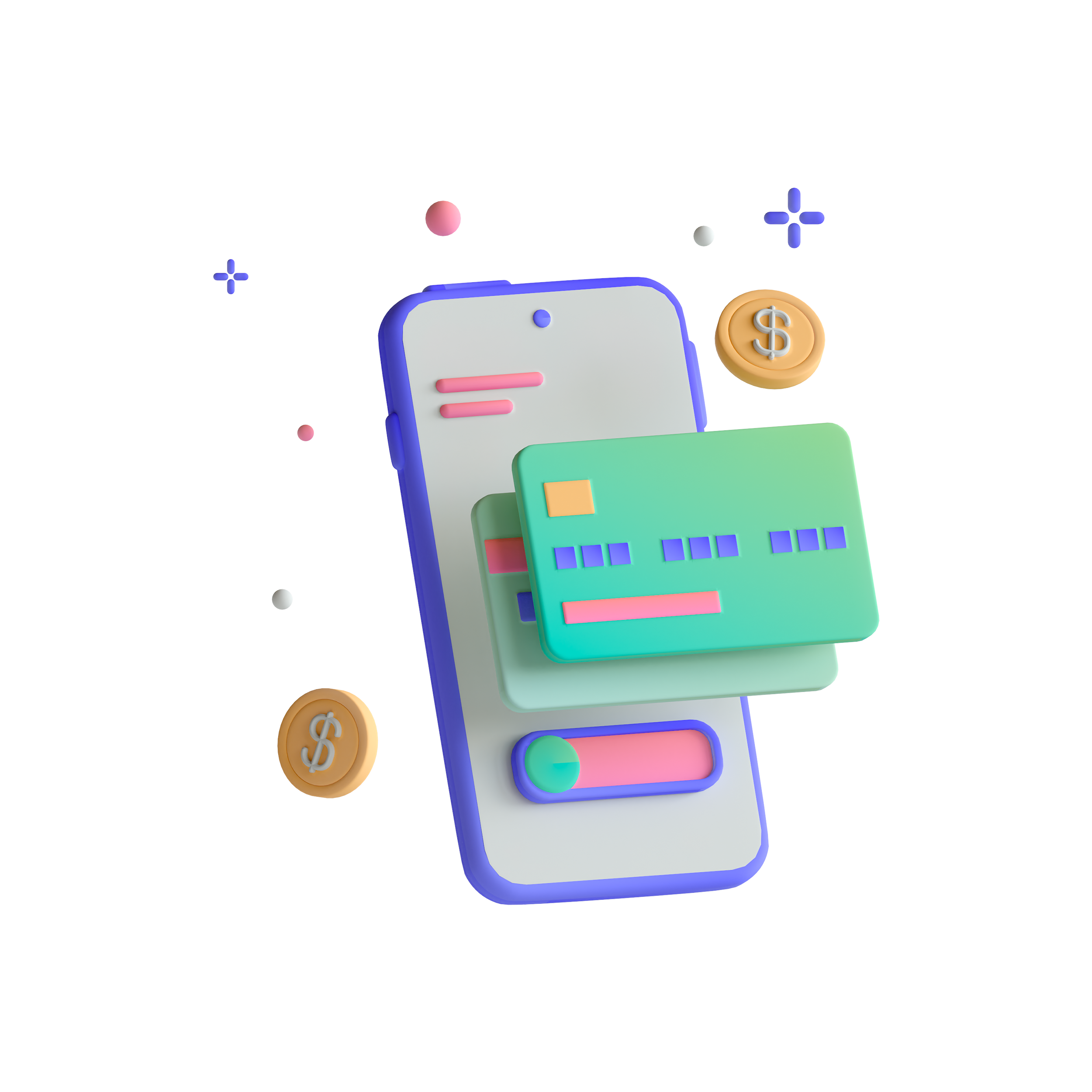 A 3D illustration of a smartphone with a credit card and dollar coins, symbolizing mobile banking or online financial transactions.