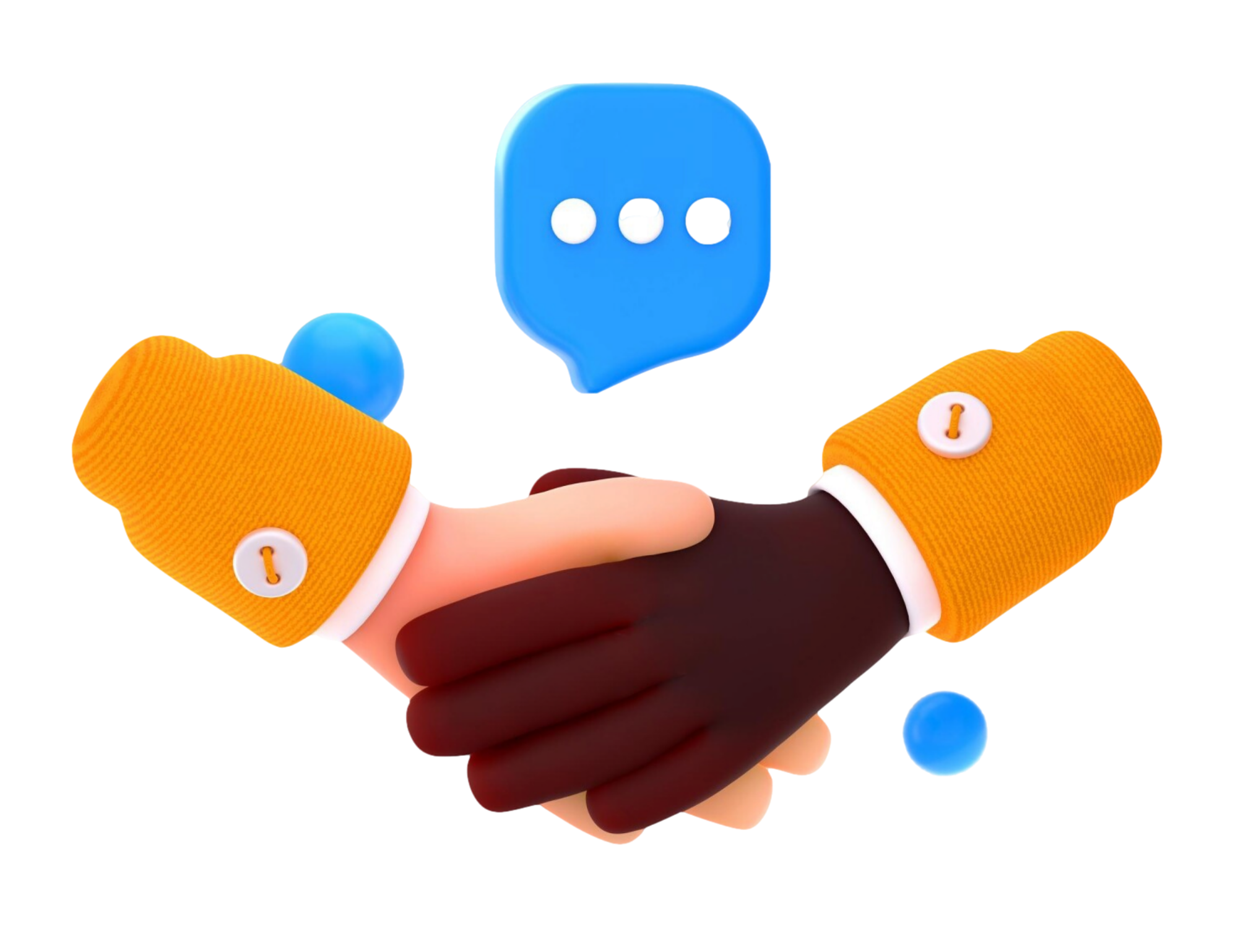 Digital illustration of two hands shaking, one with dark skin and one with light skin, wearing orange sleeves with white buttons. Above the handshake is a stylized blue speech bubble with three dots, and two small blue spheres are floating nearby.