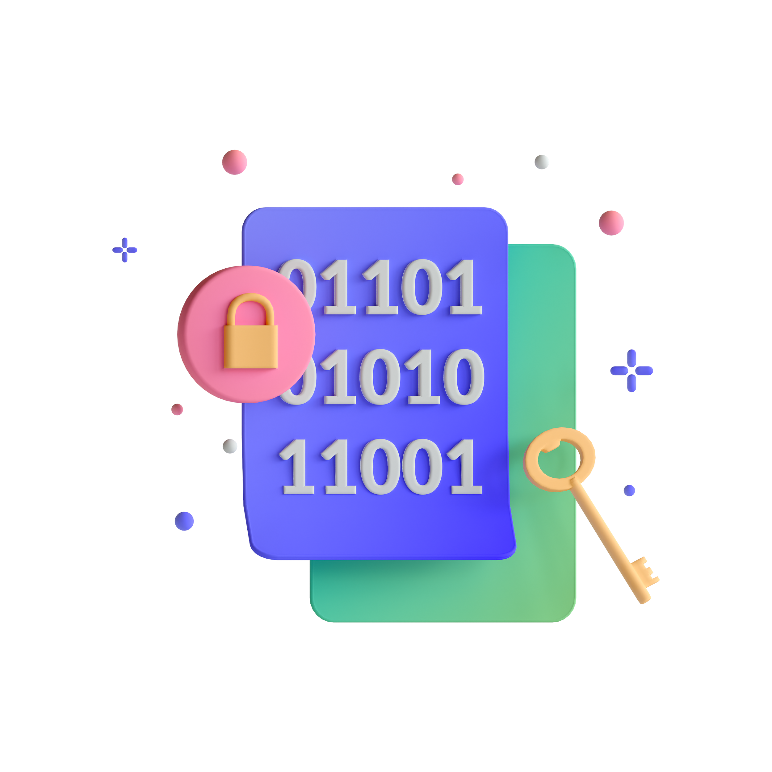 Digital padlock with binary code on a blue rectangle, a gold key, and a pink lock icon, symbolizing data security and encryption.