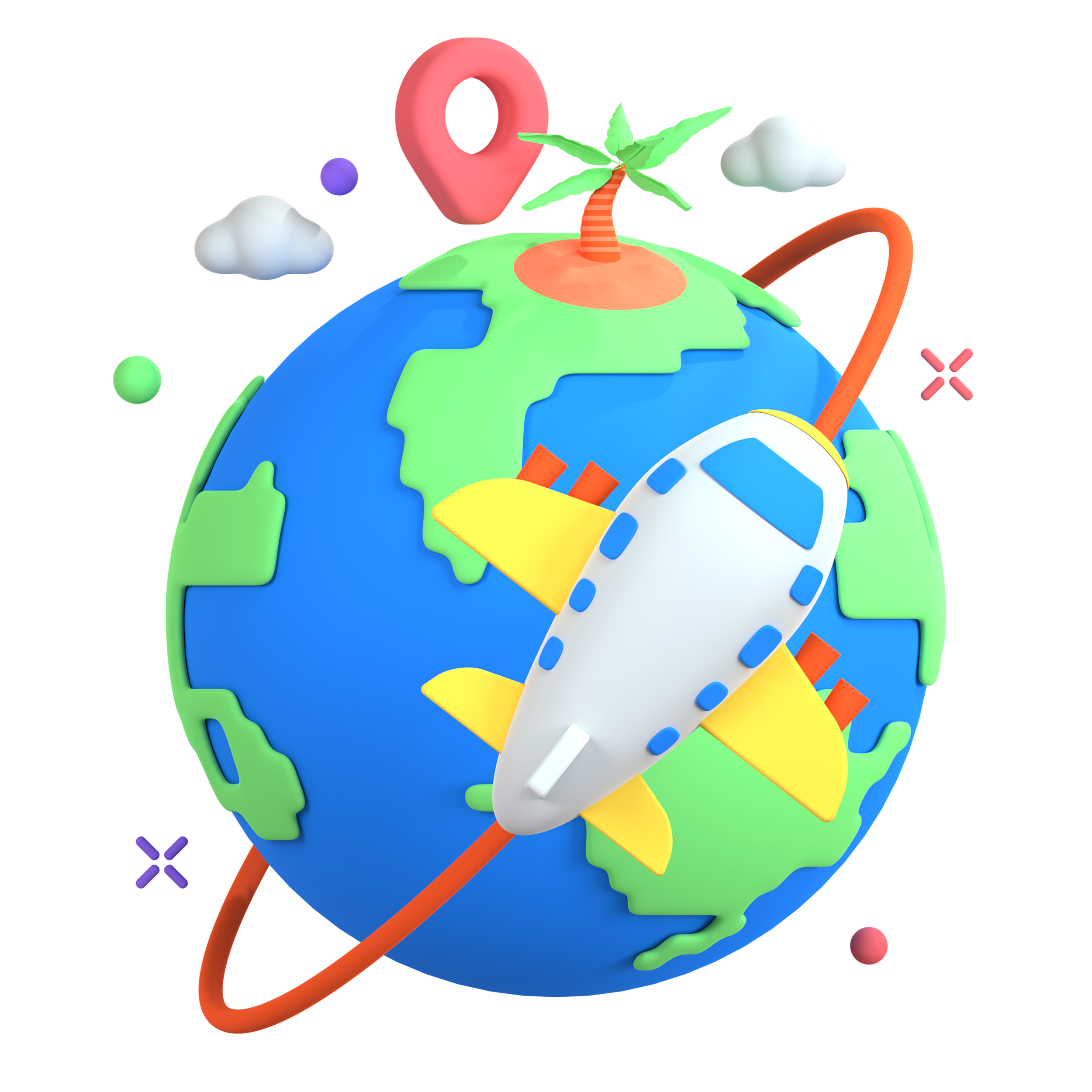 Colorful illustration of a globe with a rocket flying around it, a location pin, clouds, and a palm tree.