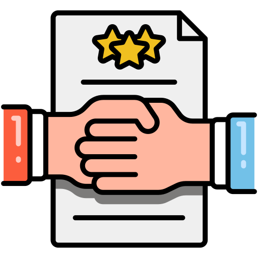 Illustration of two hands shaking in front of a certificate with three stars, indicating approval or achievement, with award ribbons on the sides.