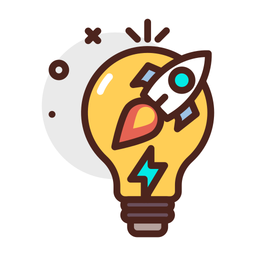 A cartoon illustration of a light bulb combined with a rocket, symbolizing innovation and ideas.