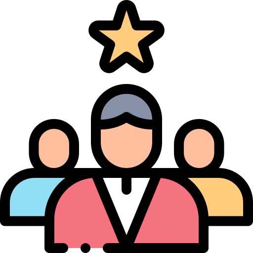 Icon of a person with three others behind, a gold star above, representing achievement or leadership.
