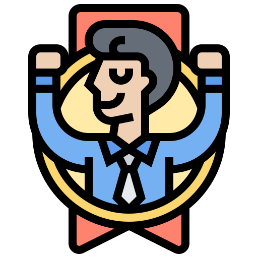 Illustration of a confident man with gray hair, wearing a blue shirt and tie, raising his fists in victory.
