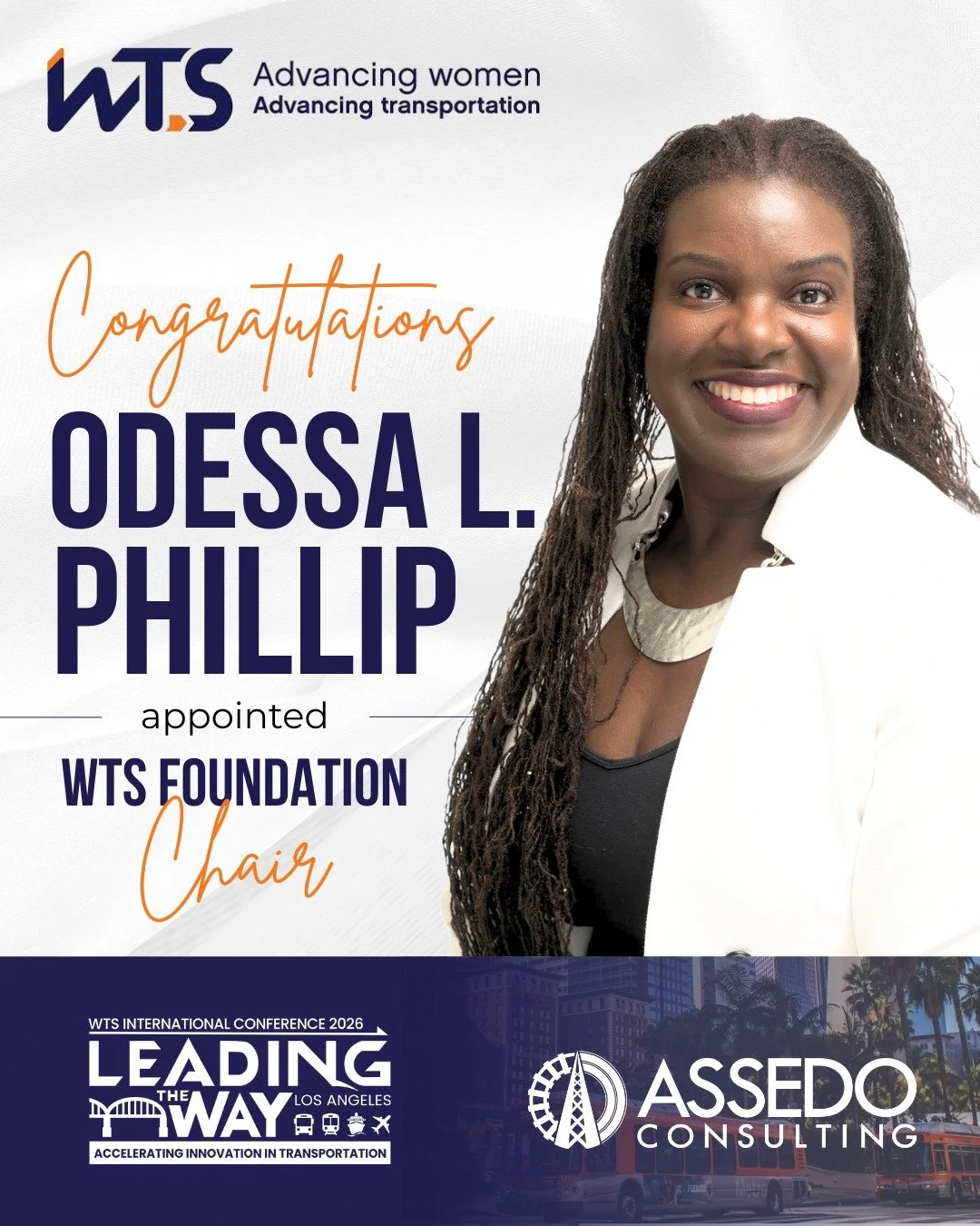 Please join us in congratulating Odessa Phillip on her appointment as Chair of the WTS Foundation for the 2026&ndash;2028 term.✨👏🏾

Your leadership, dedication, and impact continue to inspire and advance women across the transportation industry.

W