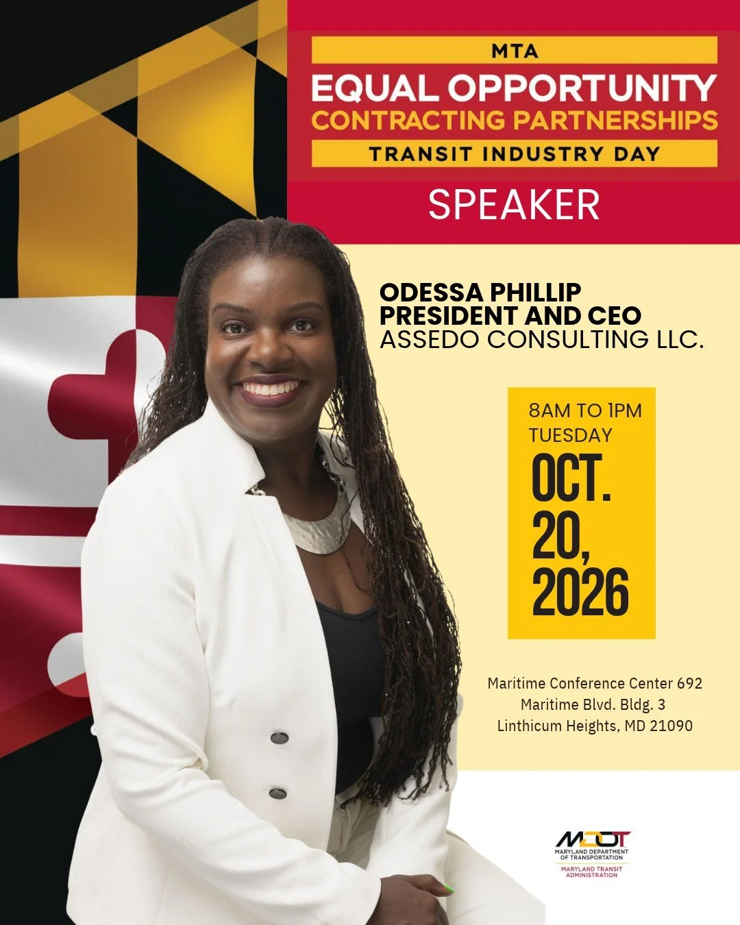 Calling all prime contractors, subcontractors, small businesses, suppliers, and MBE/DBE businesses!

We&rsquo;re excited to announce Odessa Phillip, President and CEO of Assedo, as a speaker for the MTA Equal Opportunity Contracting Partnerships Tran
