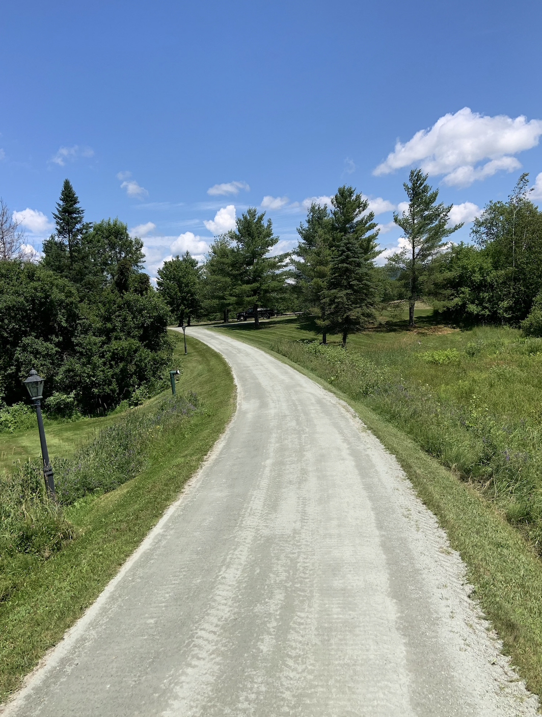 A winding gravel driveway flanked by green grass, trees, and lampposts, leading up to a black truck parked near a wooded area under a blue sky with scattered clouds.