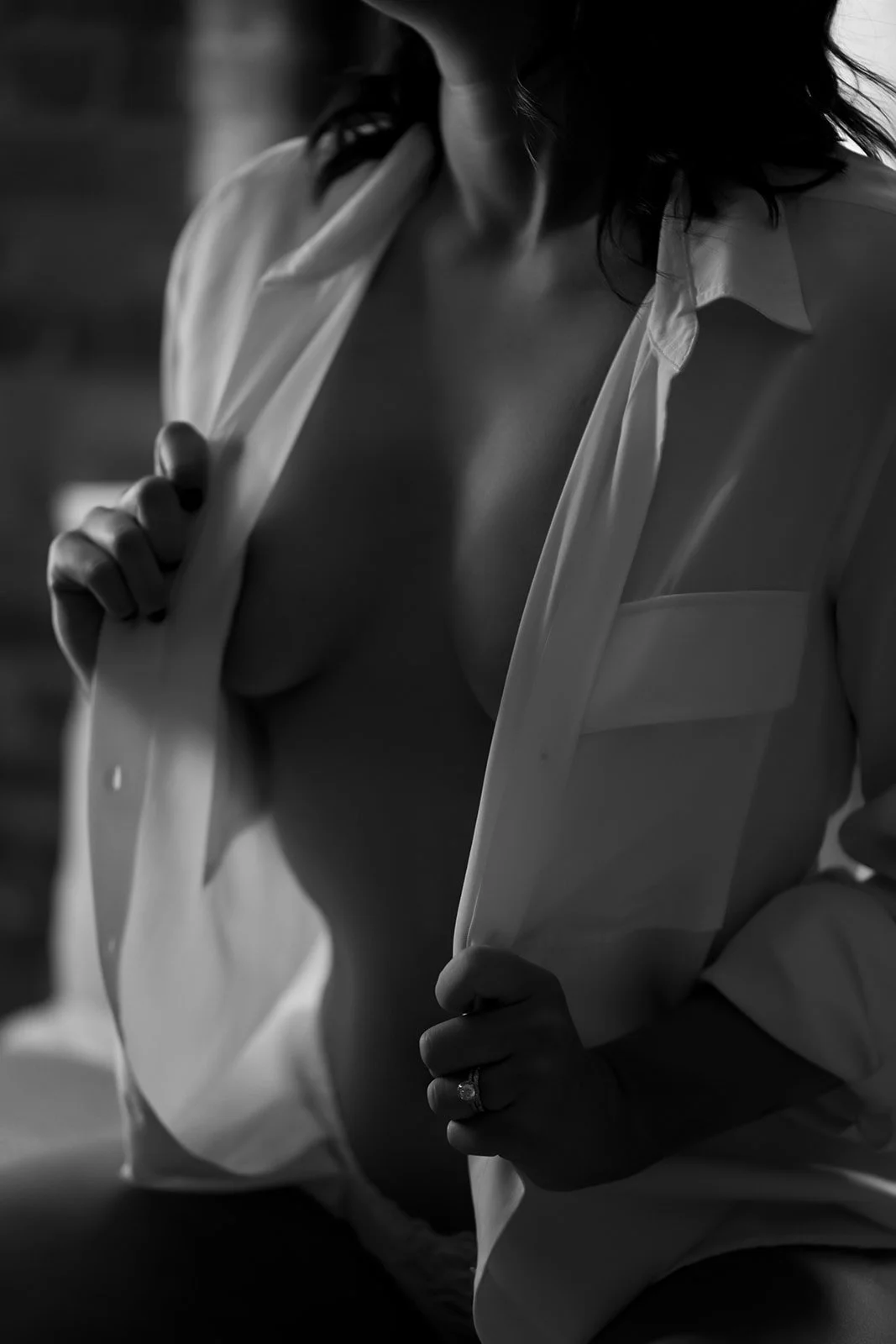 white dress shirt, black and white photo, engagement ring, pose on knees, in seattle Washington