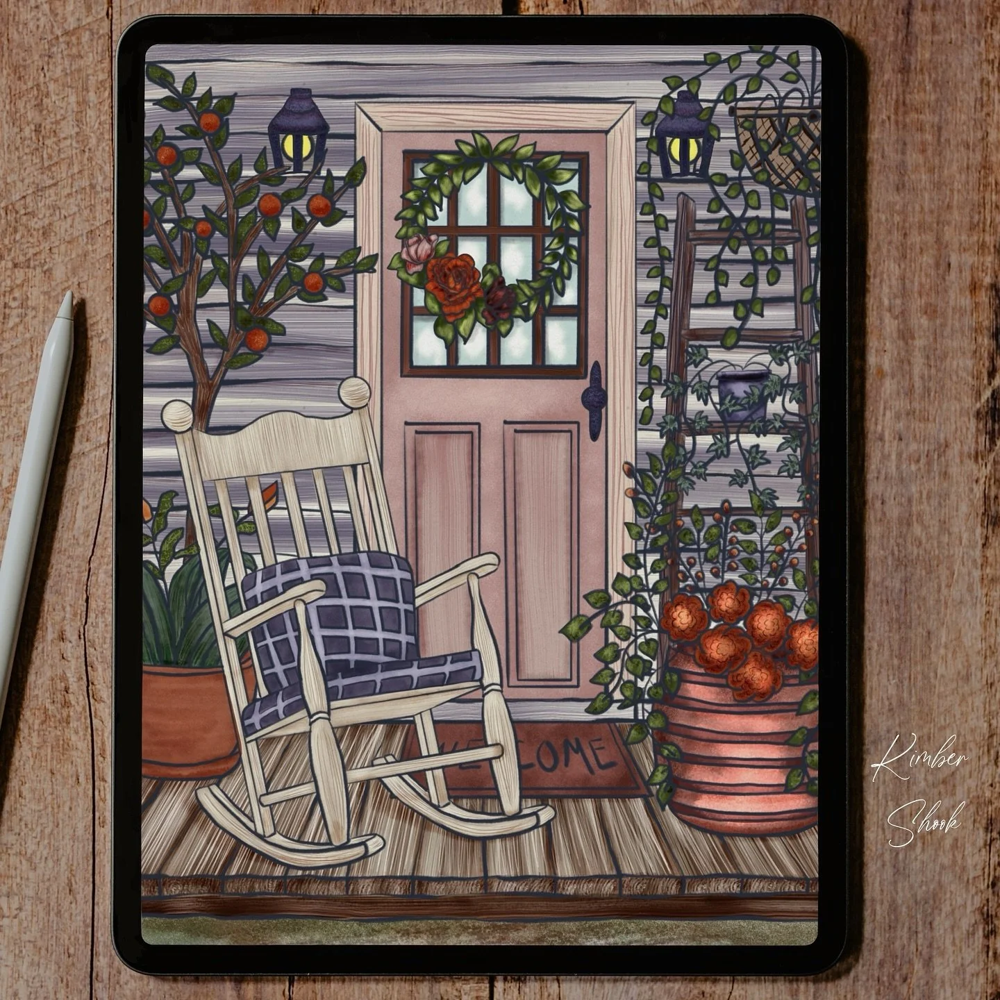 Cooler weather is here, which makes great &ldquo;sit on the porch&rdquo; time for me.  Art illustration created using Rustic Farmhouse Procreate Brushes