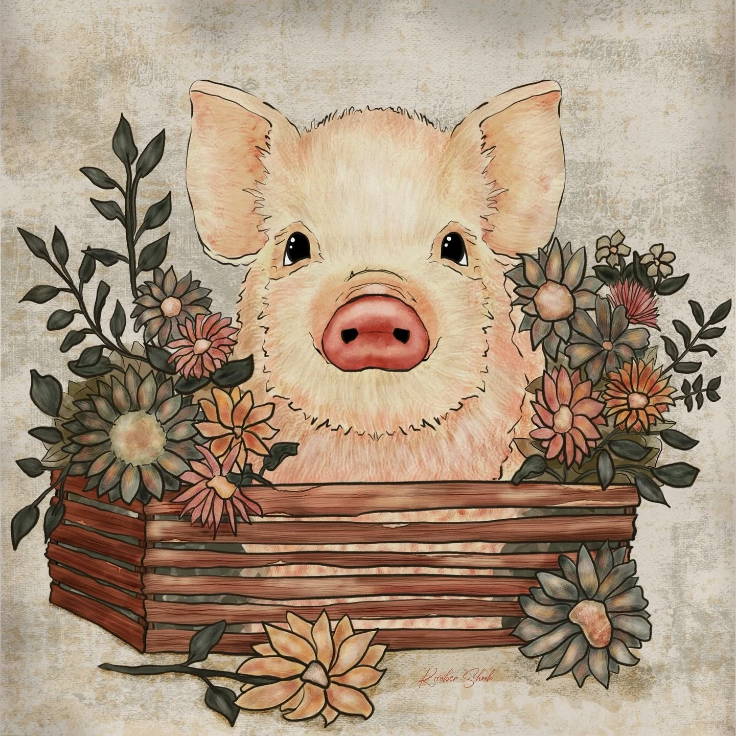 Farmhouse Piglet and Flowers&hellip; I used my Rustic Farmhouse Procreate Brushes to create this 🥰 #digitalart #digitaldrawing #digitalpiglet #procreateart