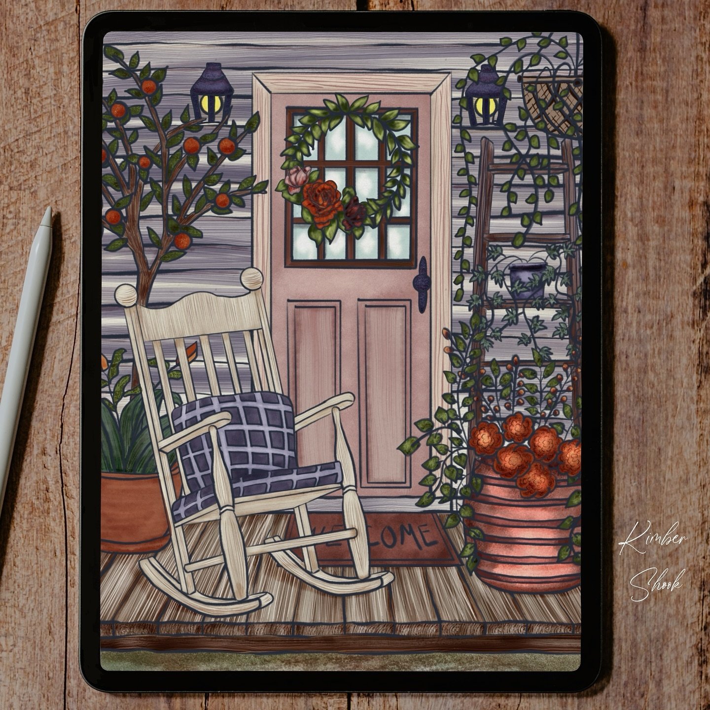 Cooler weather is here, which makes great &ldquo;sit on the porch&rdquo; time for me.  Art illustration created using Rustic Farmhouse Procreate Brushes