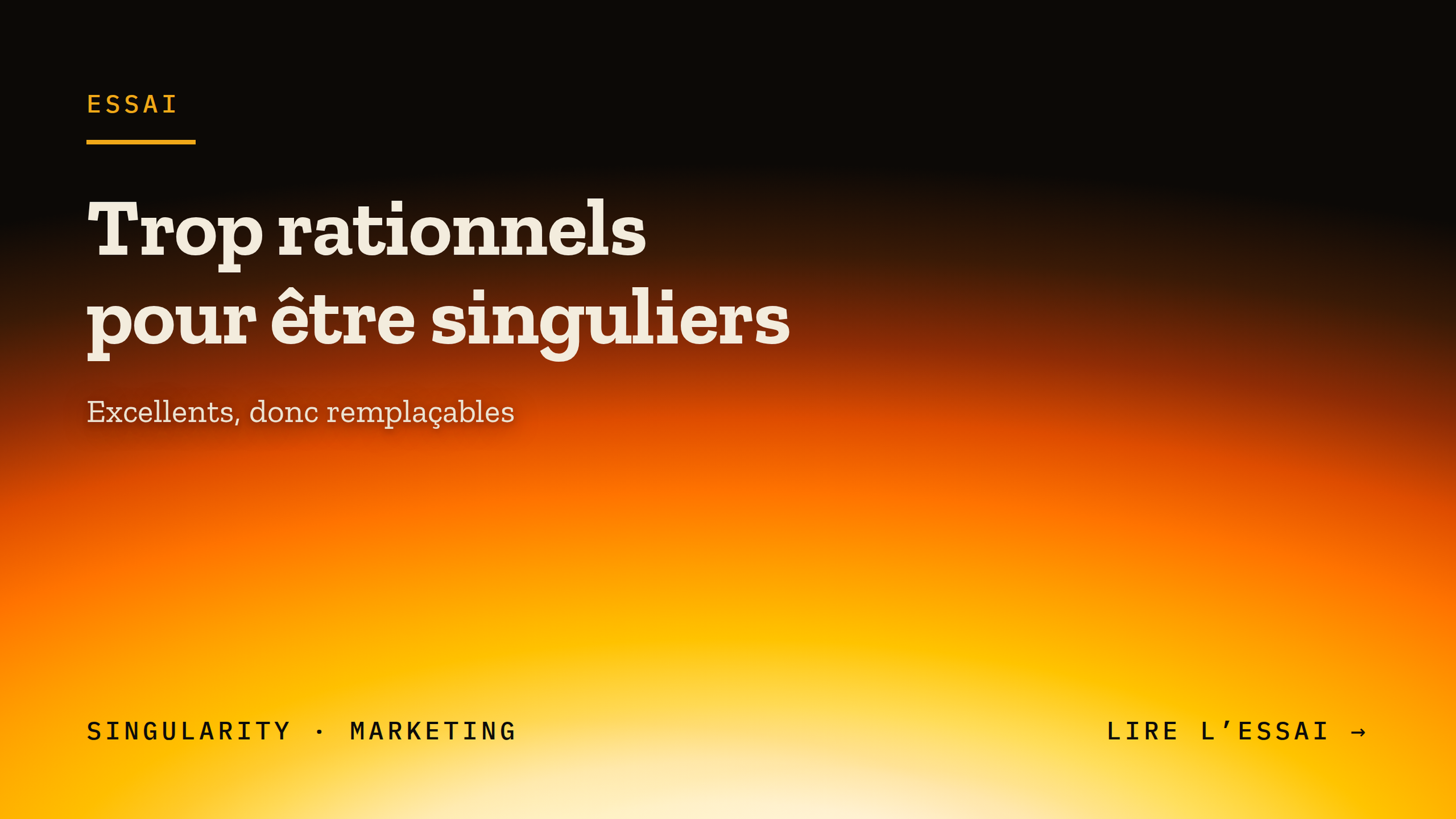 Page web avec titre en gros caractères blancs : "Trop rationnels pour être seuls" et sous-titre : "Excellents, donc remplaçables". Fond dégradé allant du noir en haut à l'orange en bas, avec texte supplémentaire en bas de page mentionnant "SINGULARITY MARKETING" et "LIRE L'ESSAI".