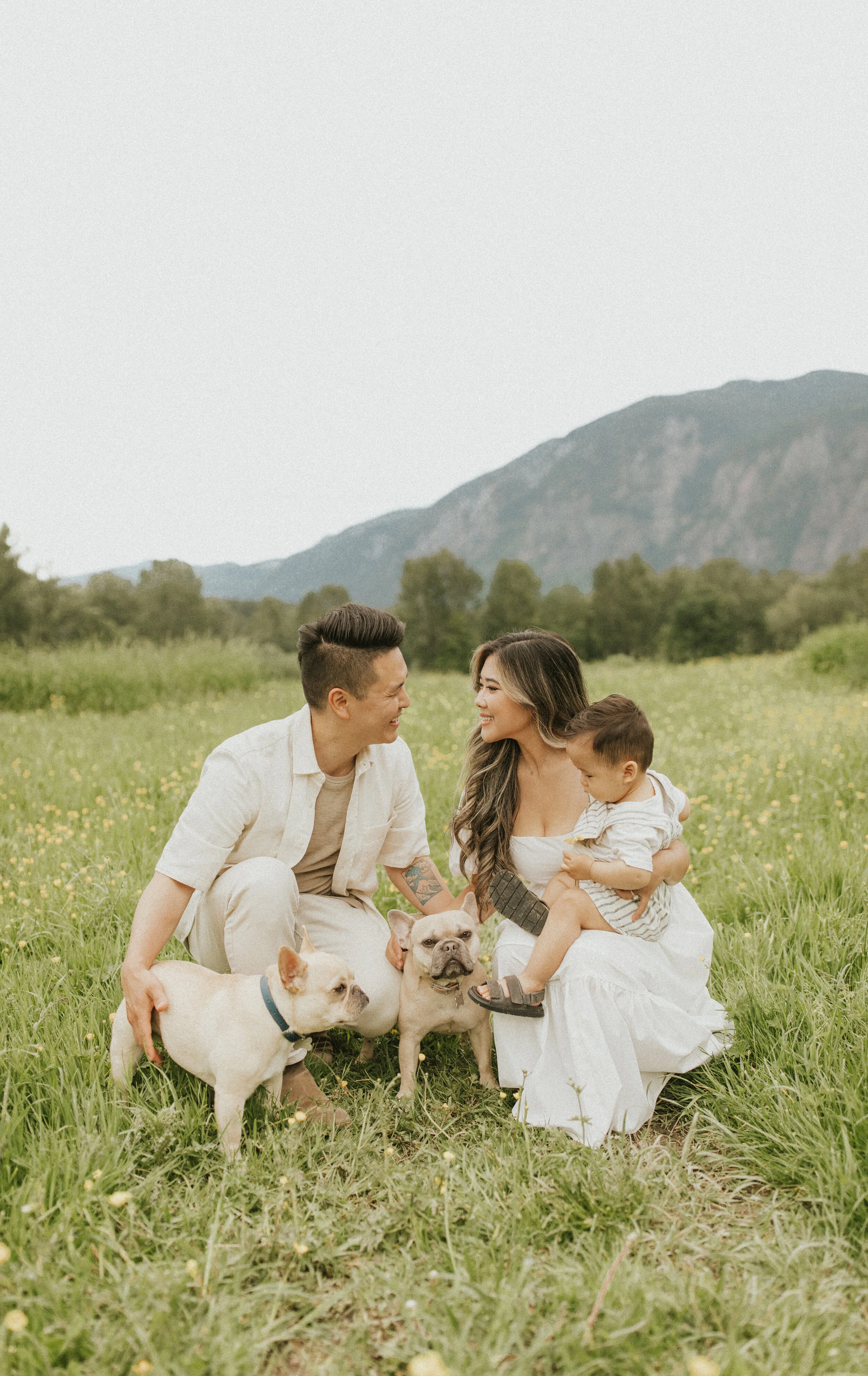 Family with two French Bulldogs in a grassy field, mountains in the background.