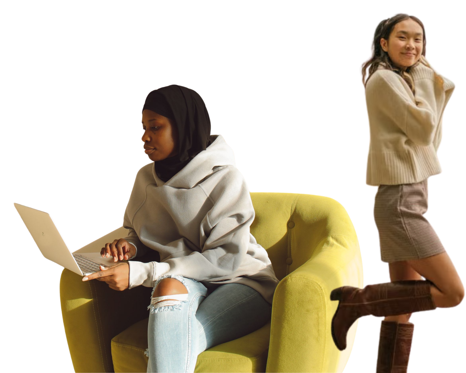 Two young adults in a studio-style image, one sitting in a bright green chair using a laptop while another stands nearby in a cream sweater.