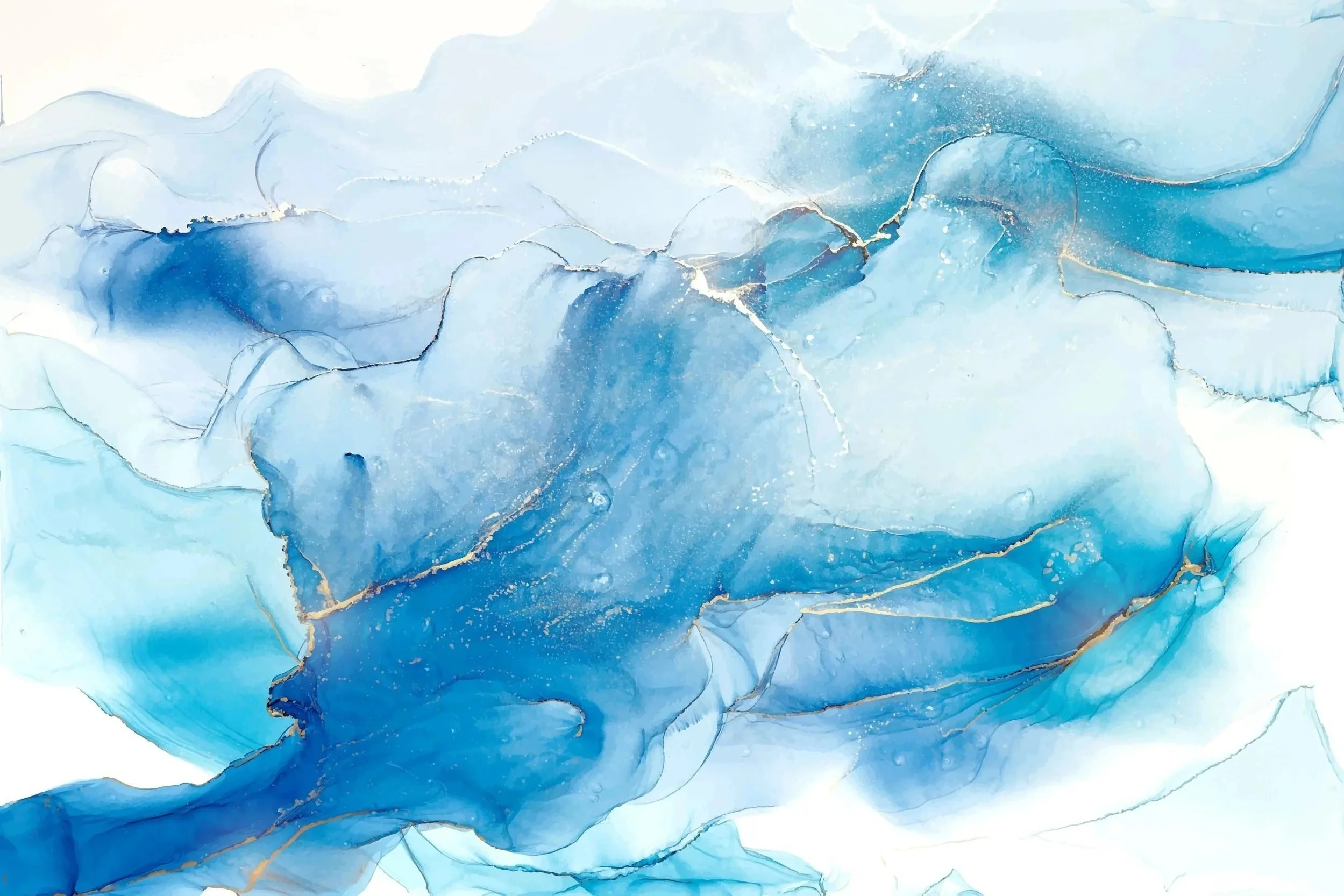 Abstract watercolor painting in shades of blue with gold accents.