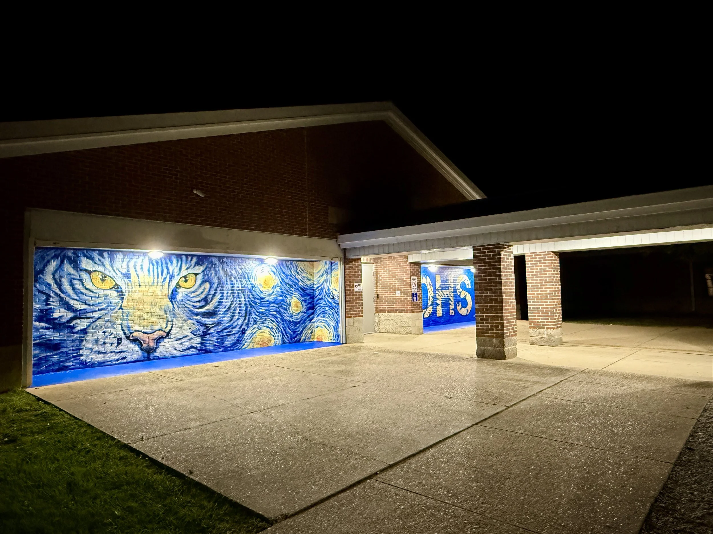 Nighttime view of a building with a large graffiti mural of a cat's face and swirling blue patterns on the garage door, brick walls, and lit windows.