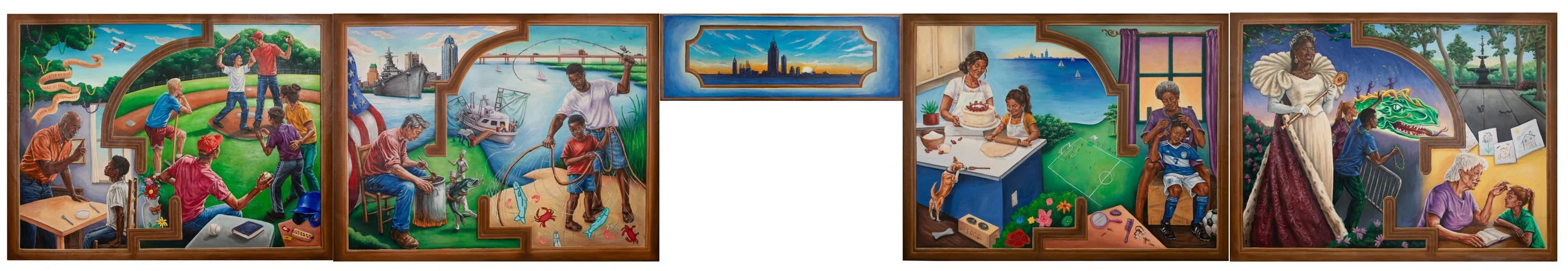 A mural with scenes of community and family activities. From left, people playing baseball outdoors, fishing and boating on the river, cooking and celebrating a birthday, and a woman demonstrating sewing or craft projects, along with children reading and playing.
