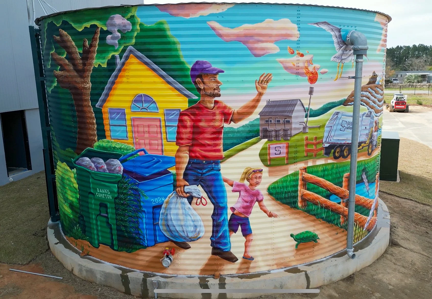 Environmental education mural by Banks Compton at Baldwin County's recycling facility in Summerdale, Alabama, illustrating waste, recycling, wildlife, and community.