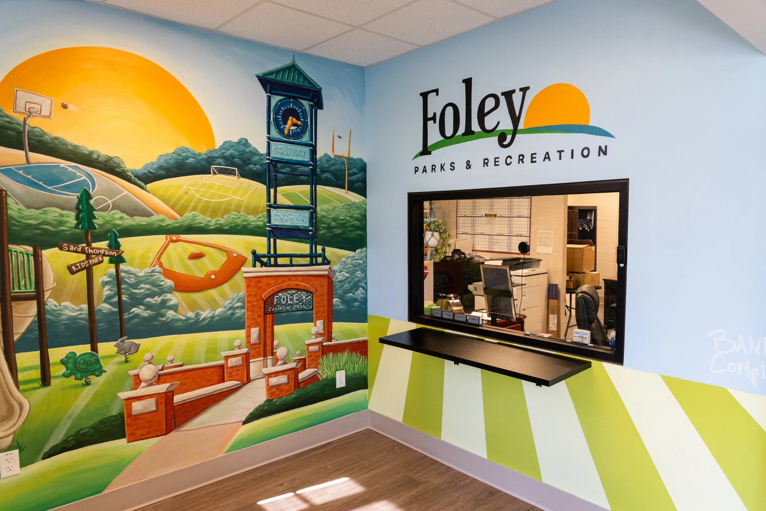 Painted Foley landmarks including Centennial Plaza and the Heritage Park Clock Tower