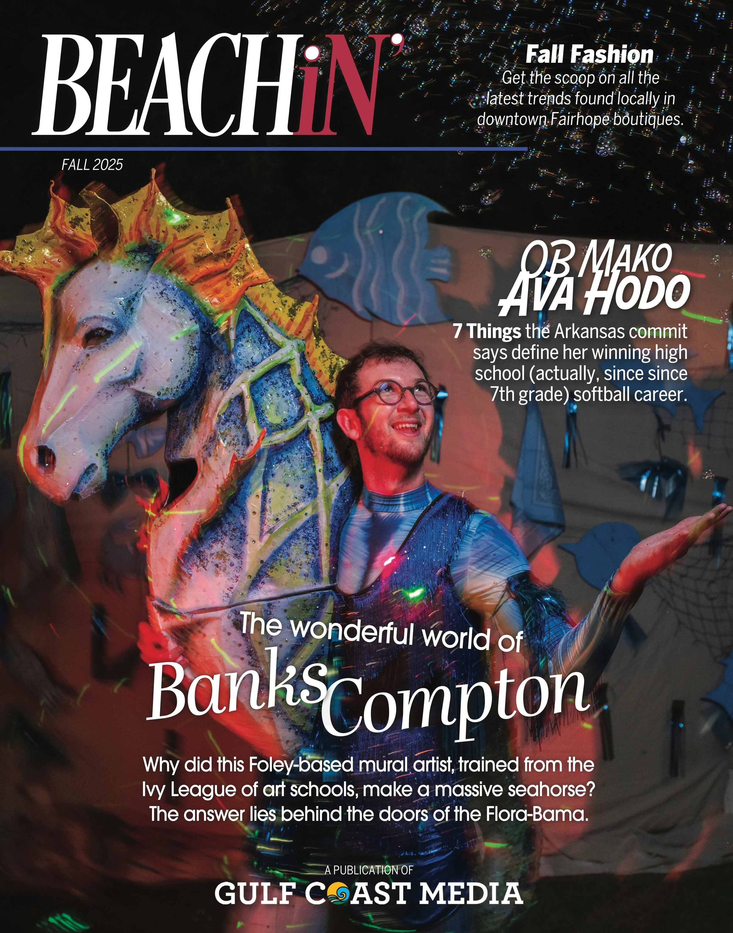 Banks Compton featured on the Fall 2025 cover of BEACH'N magazine with his handmade papier-mâché seahorse sculpture.