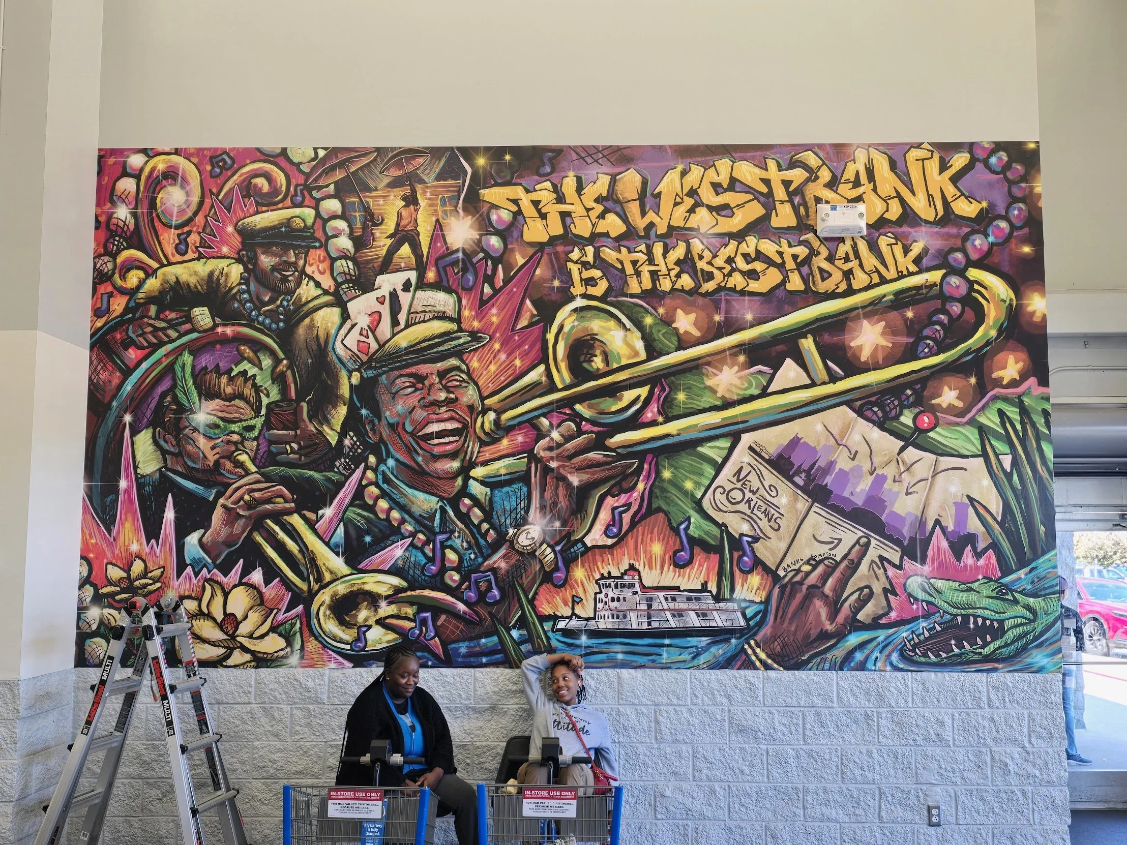 Colorful Walmart mural design by Banks Compton celebrating New Orleans culture with jazz musicians, a riverboat, alligator, and local imagery.